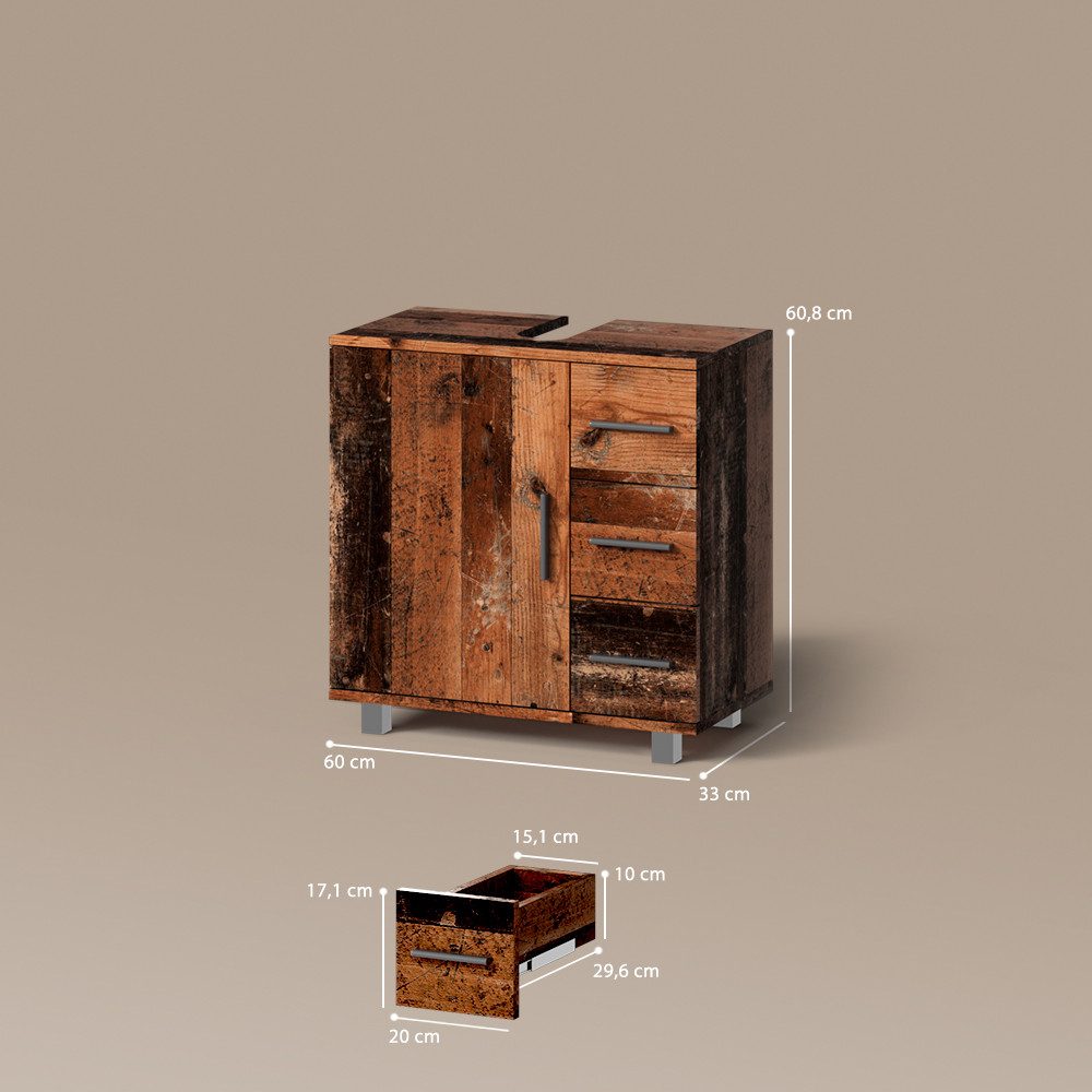 Livinity® Waschbeckenunterschrank Eisak, Eiche rustikal, 60 x 60 cm mit Tür und 3 Schubladen (1-St)