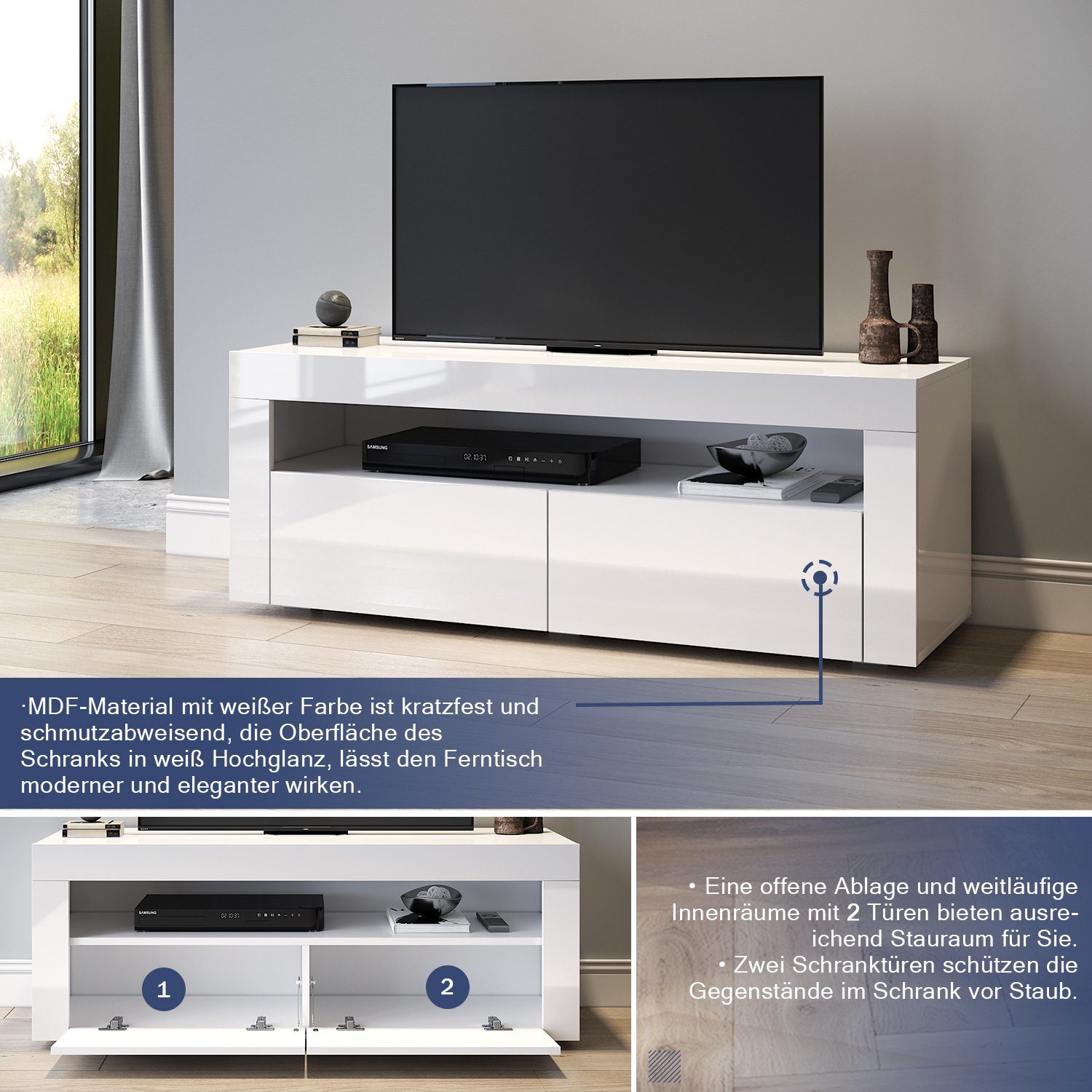 SONNI Lowboard TV Lowboard weiss Hochglanz mit LED Beleuchtung, Breite 120 cm, 12 Farben können eingestellt Werden, mit Klapptür, Griffloses Design – Bild 5 von 5
