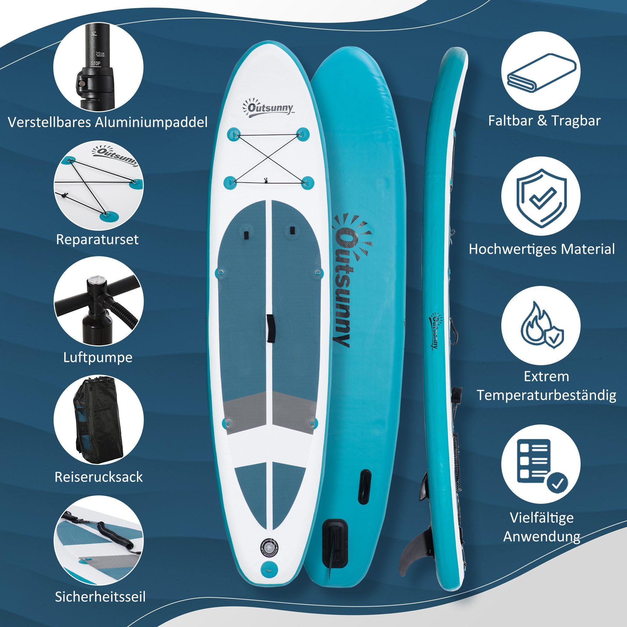 1 Surfboard, 1 Wasser Paddel x schwimmende (Set, SUP-Board ohne Outsunny Plattform), longboard, tlg.,