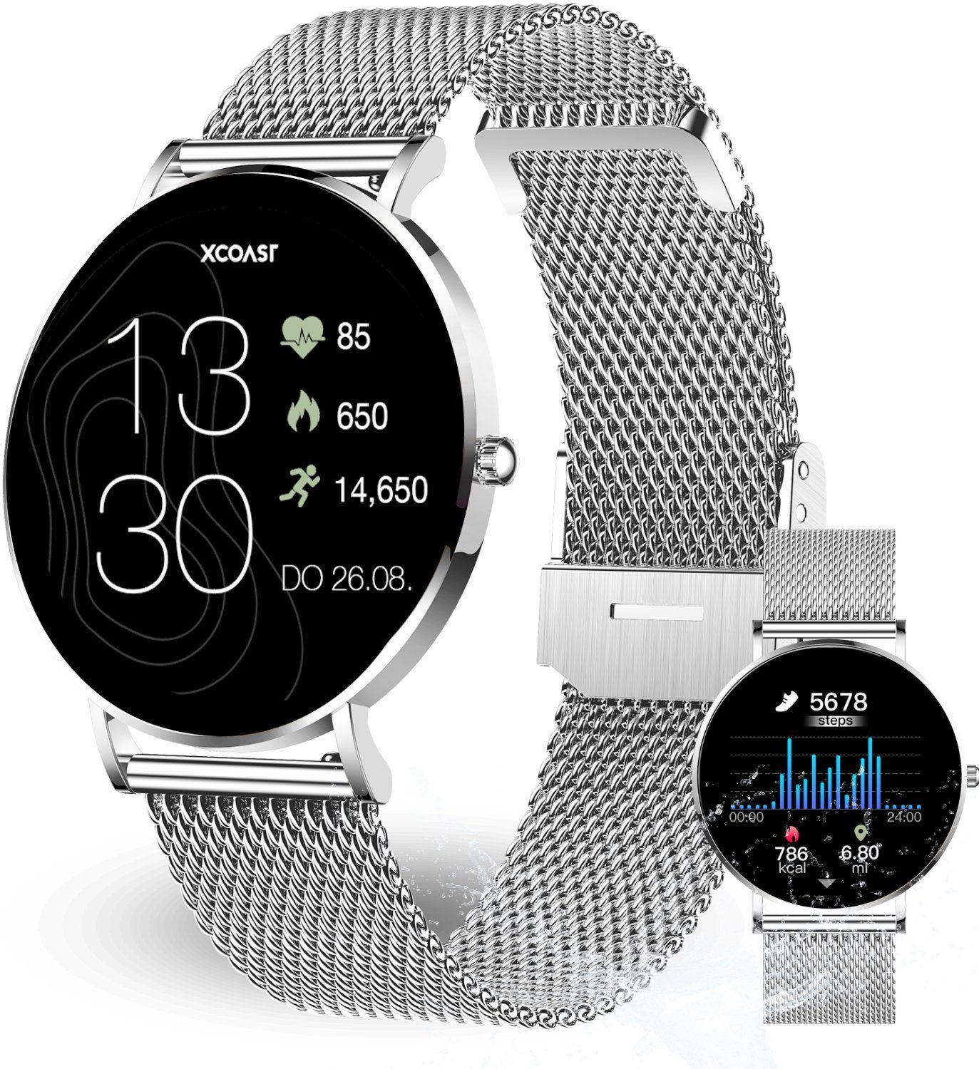 150 Fitness Blutdruck Android) watchfaces, Zoll, Puls, (6,9mm), Tracker, Blutsauerstoff, iOS und 3-tlg., ultraflach 2 (4,2 & AMOLED, cm/1,3 SILBER, XCOAST satte 21 Android, GENERATION, iOS Smartwatch SIONA NEUESTE Damen Farben, wasserdicht, Sportarten,