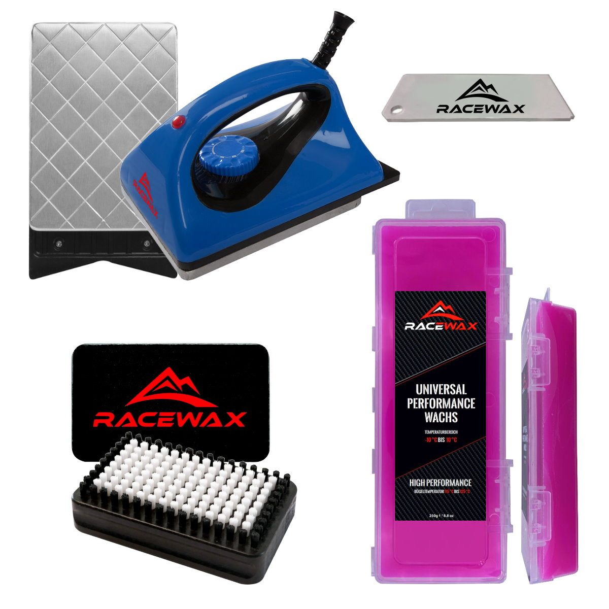 RaceWax Ski RaceWax Skiwax Set 4-teilig Wachsbügeleisen Wachs BaseBrush Nordic