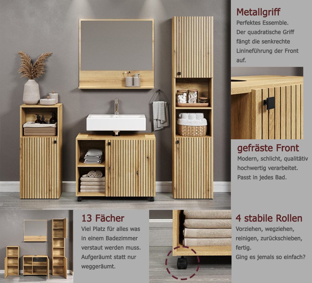 welltime Badmöbel-Set Amrum Waschbeckenunterschrank Spiegel Hochschrank Badschrank, (Komplett-Set, 4-St), 4-teiliges Badmöbel-Set Eiche Rillenoptik - Maße (B/T/H) 180/42/186 cm