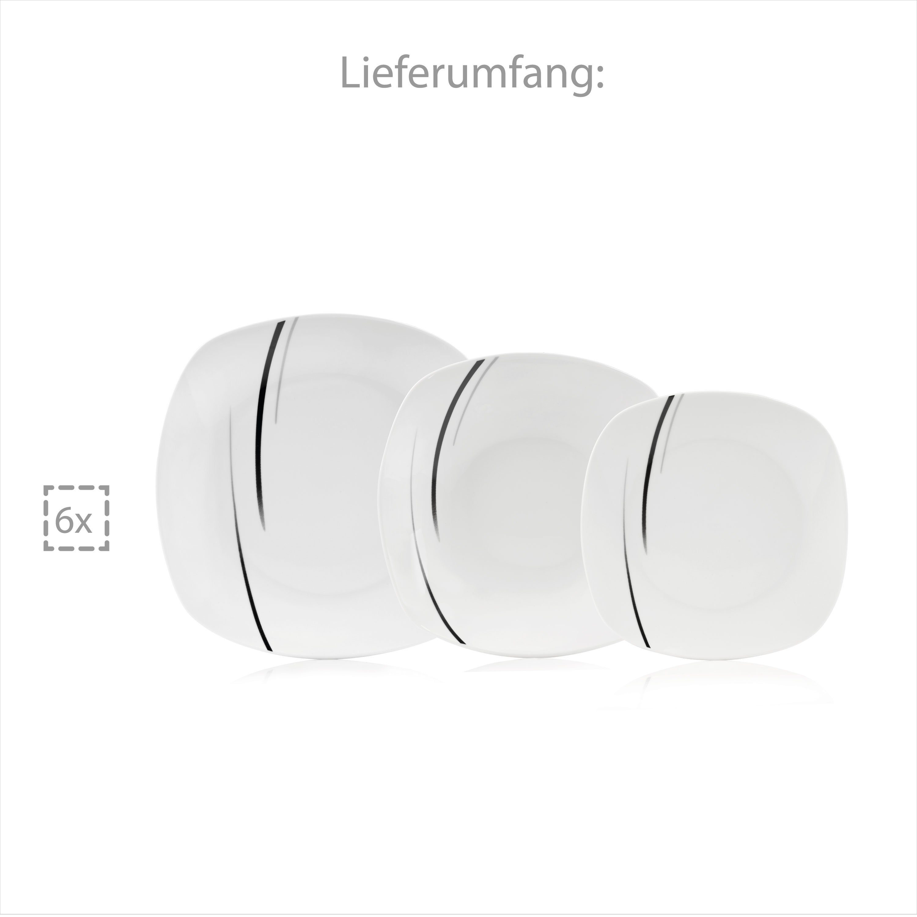 SÄNGER Tafelservice Bilgola Black Lines Geschirrset, Weiß (18-tlg), 6 Personen, Porzellan, Premium Collection