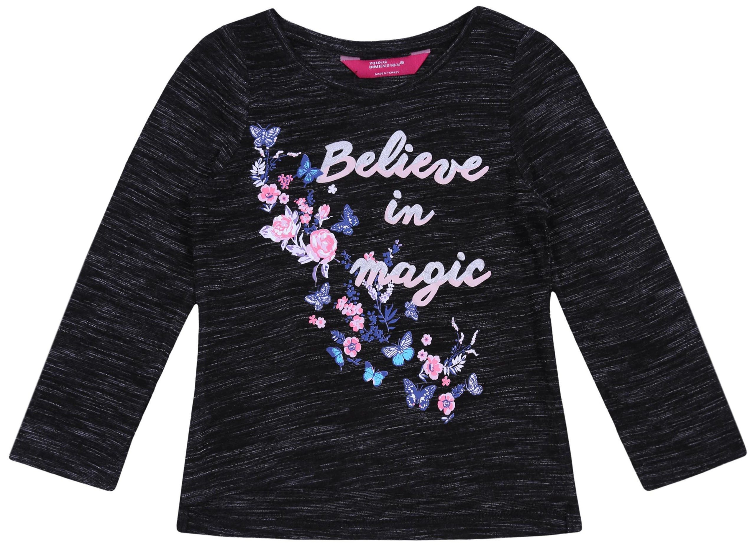 Langarmbluse Schwarzgraue Bluse Blumen gemustert aus Melangestoff 2-3 Jahre