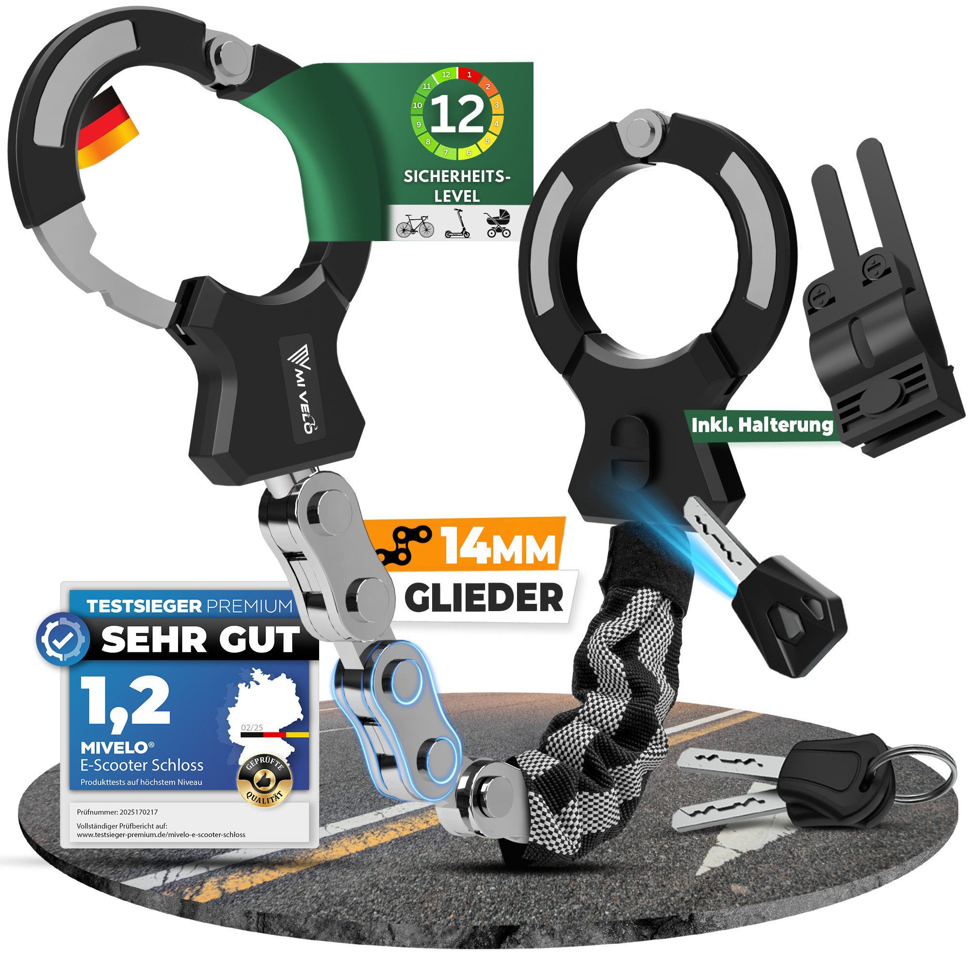 Kettenschloss MIVELO HANDSCHELLENSCHLOSS für E-Scooter und Fahrrad 60cm