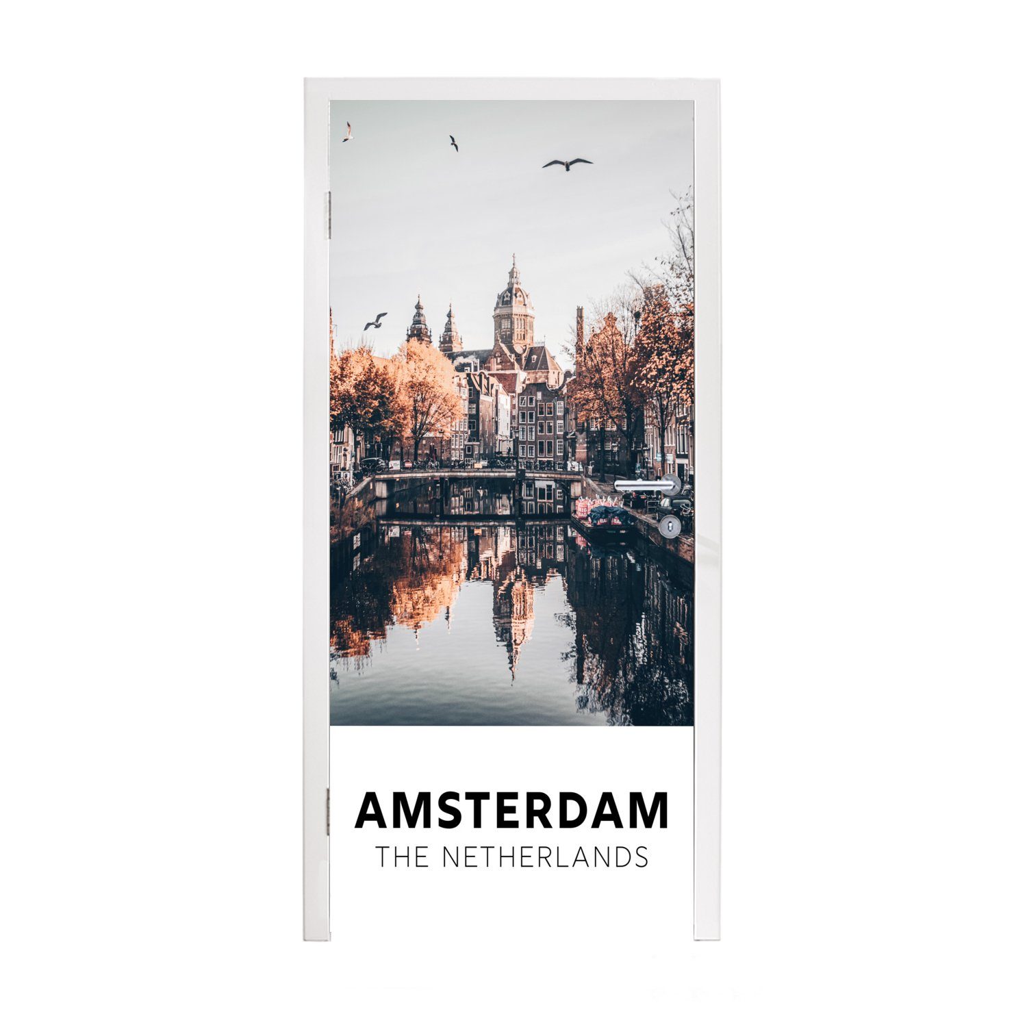 MuchoWow Türtapete Amsterdam - Niederlande - Architektur - Bäume, Matt, bedruckt, (1 St), Fototapete für Tür, Türaufkleber, 75x205 cm