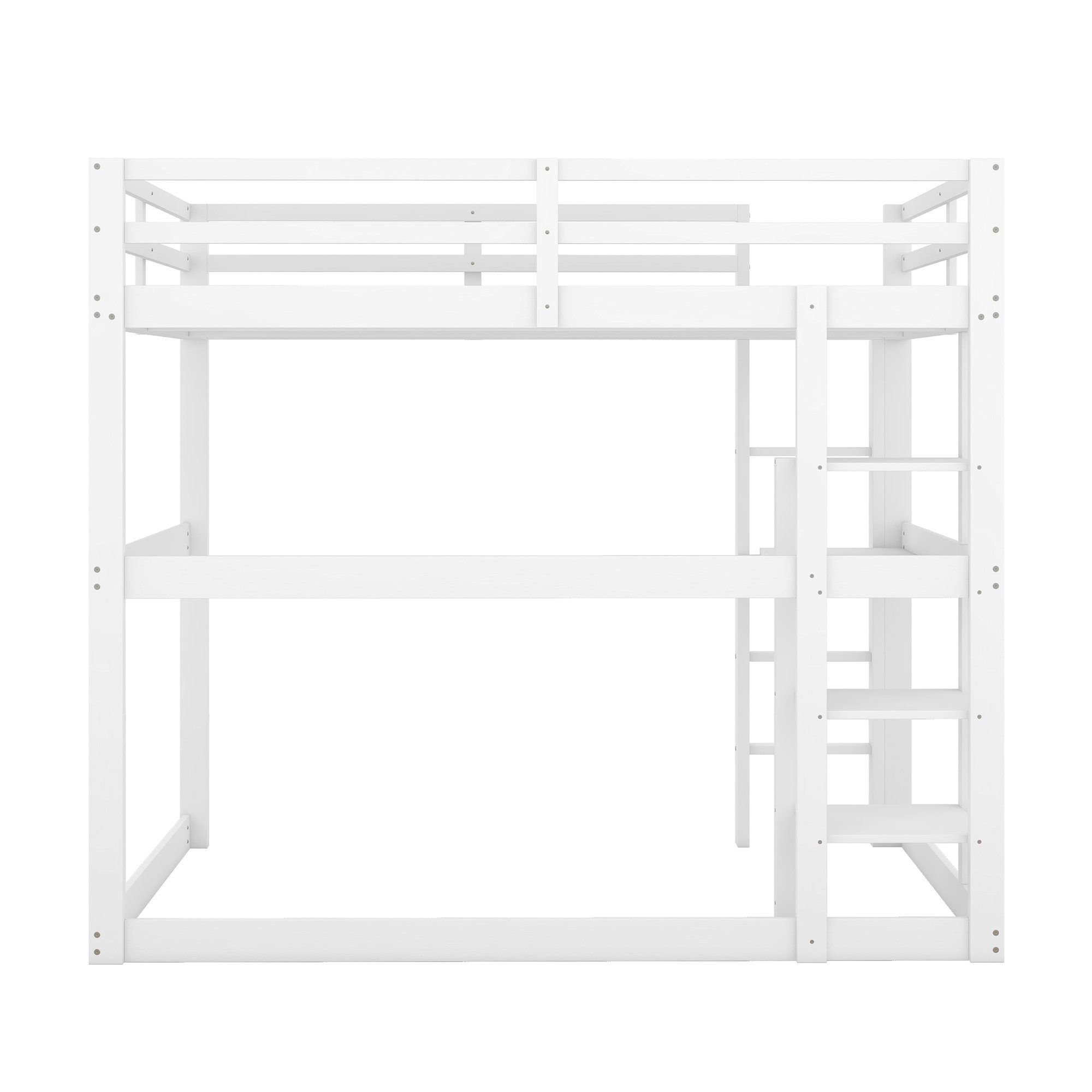 SOFTWEARY Hochbett (Doppelbett mit Lattenrost, Regalen, Leiter, 140x200 und weiß Holzbett Kiefer aus cm) Schreibtisch