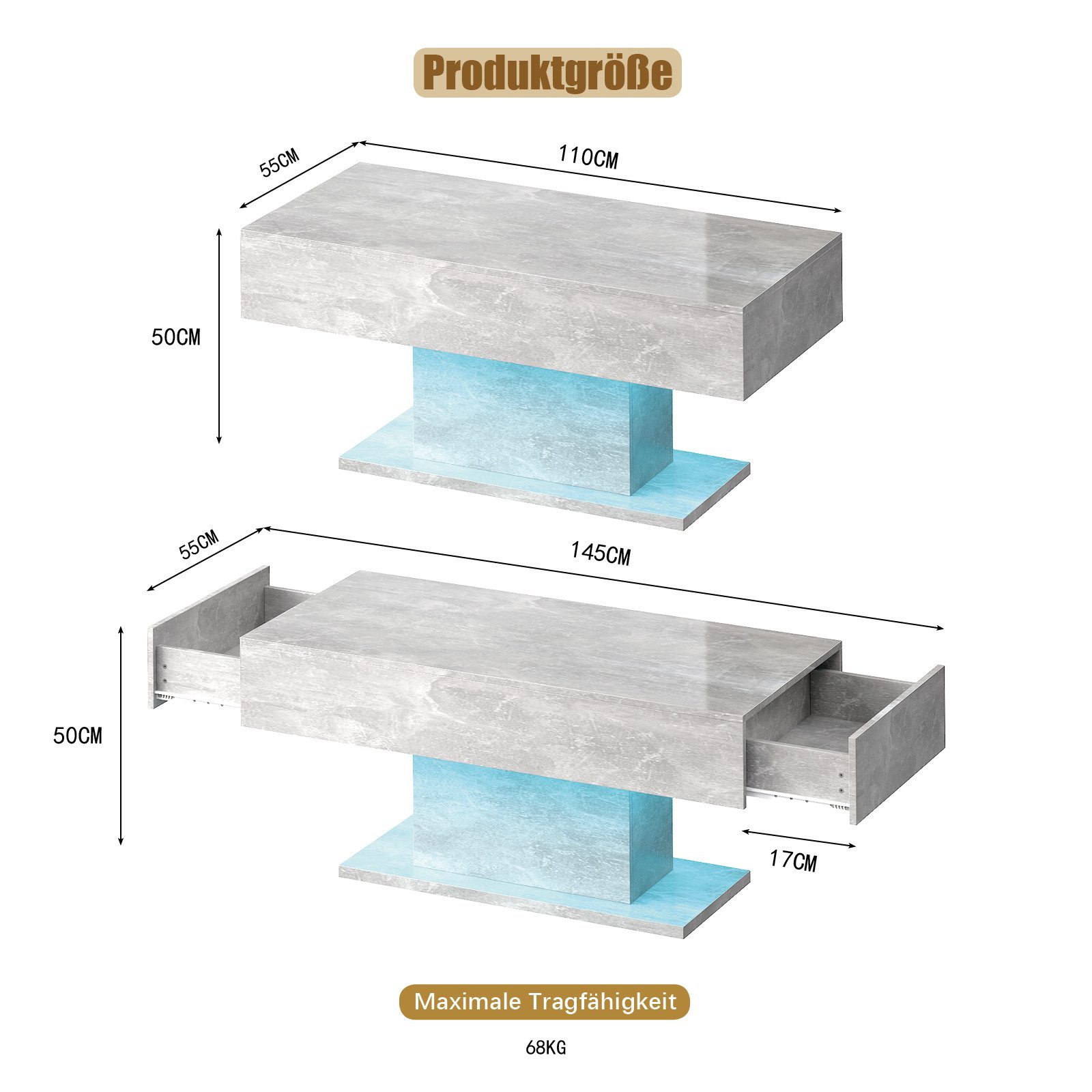 radelldar Couchtisch mit LED-Beleuchtung und 2 Schubladen, 110 x 55 x 50cm (1-St), Hochglänzender LED-Wohnzimmertisch, USB-betrieben