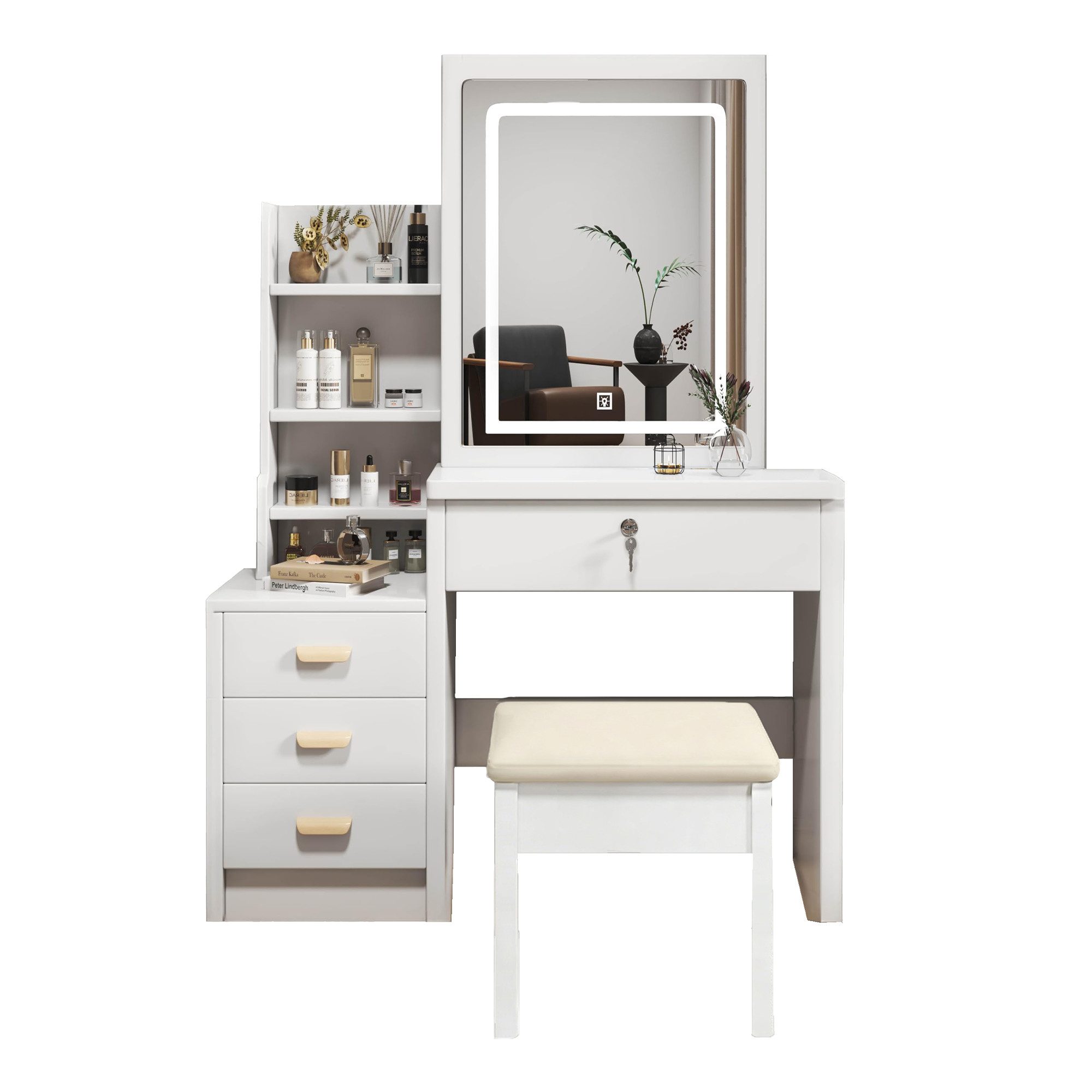 SONNI Schminktisch Stilvoller Schminktisch mit Spiegel und Beleuchtung, 3-farbig verstellbarer Beleuchtung, 4 Schubladen, B85/H130/T36cm.