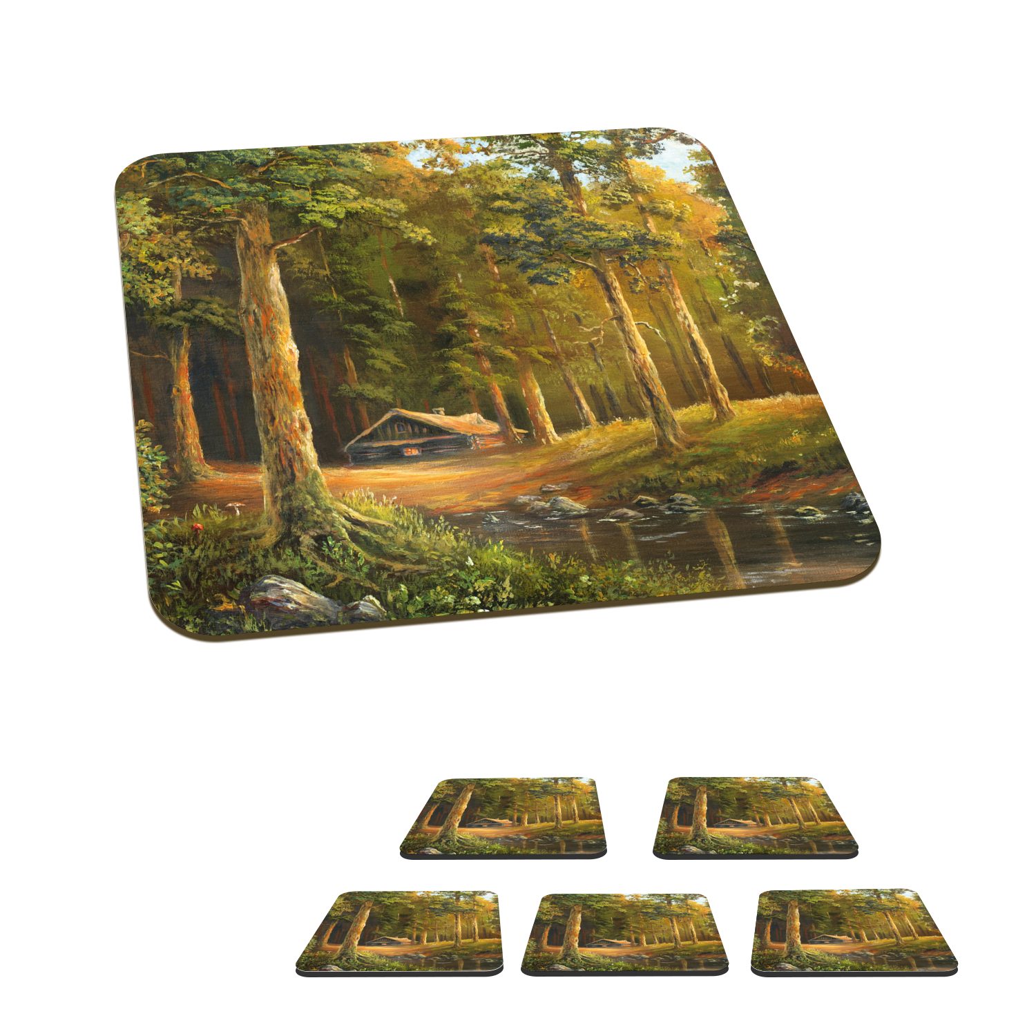 MuchoWow Glasuntersetzer Eine Illustration einer Hütte in einem Wald, Zubehör für Gläser, 6-tlg., Glasuntersetzer, Tischuntersetzer, Korkuntersetzer, Untersetzer, Tasse