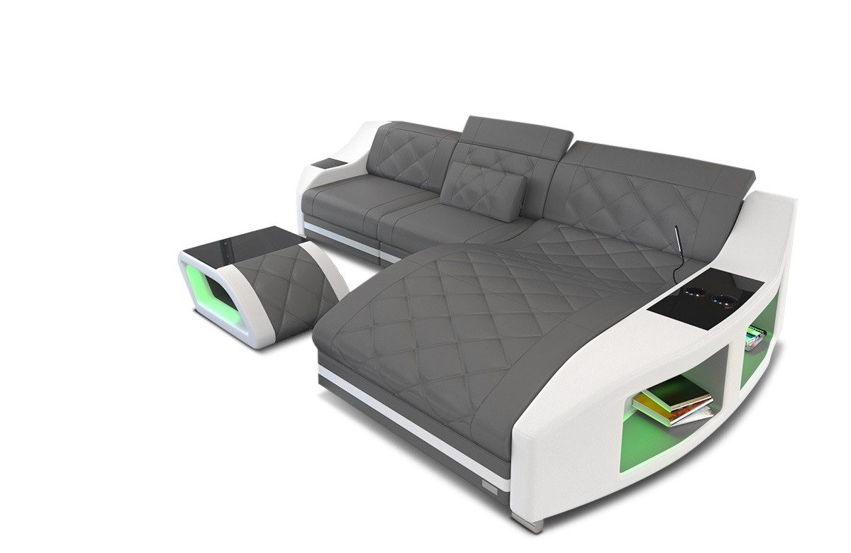 Sofa Dreams Ecksofa Leder Couch Ledersofa Swing L Form Sofa, mit LED, wahlweise mit Bettfunktion als Schlafsofa, grau-weiß