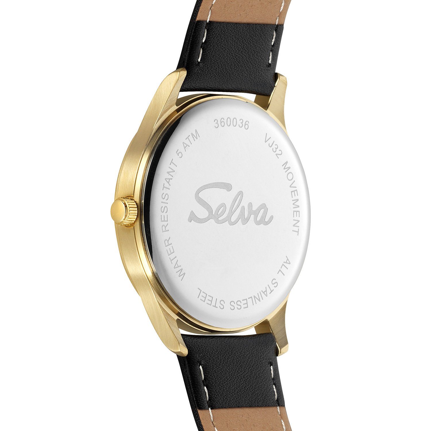 Quarz-Armbanduhr Technik vergoldet Selva Lederband Quarzuhr Ø Gold Gehäuse SELVA weiß, mit 39mm Weiß Zifferblatt /