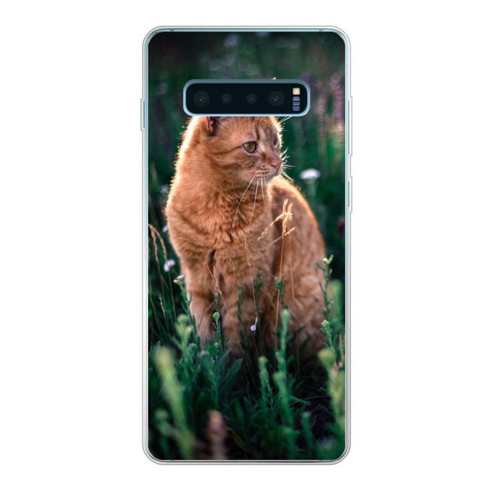 MuchoWow Handyhülle Katze - Blumen - Mantel Phone Case Handyhülle Samsung Galaxy S10+ Silikon Schutzhülle