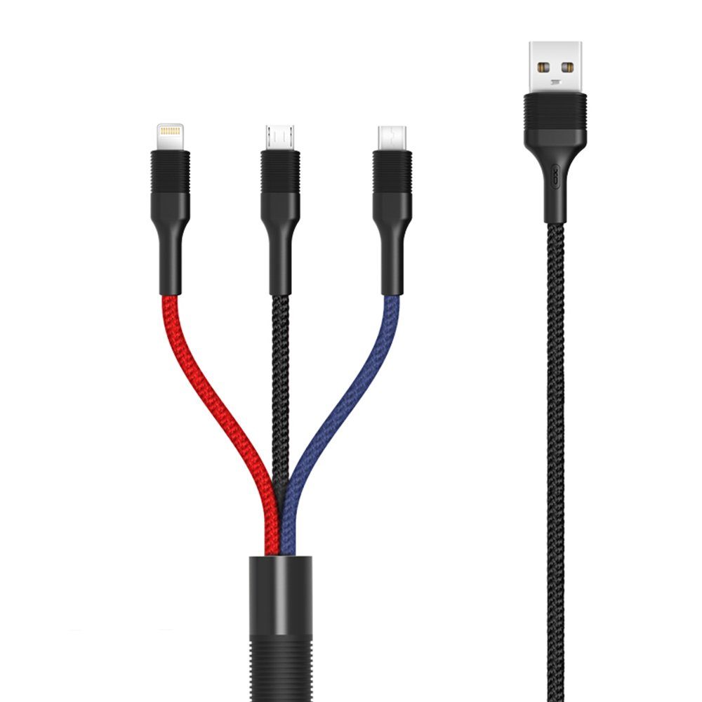 XO 3in1 Nylon Ladegerät Kabel 3A 1.2m Micro USB TYP-C iOS Smartphone-Kabel, (120 cm)