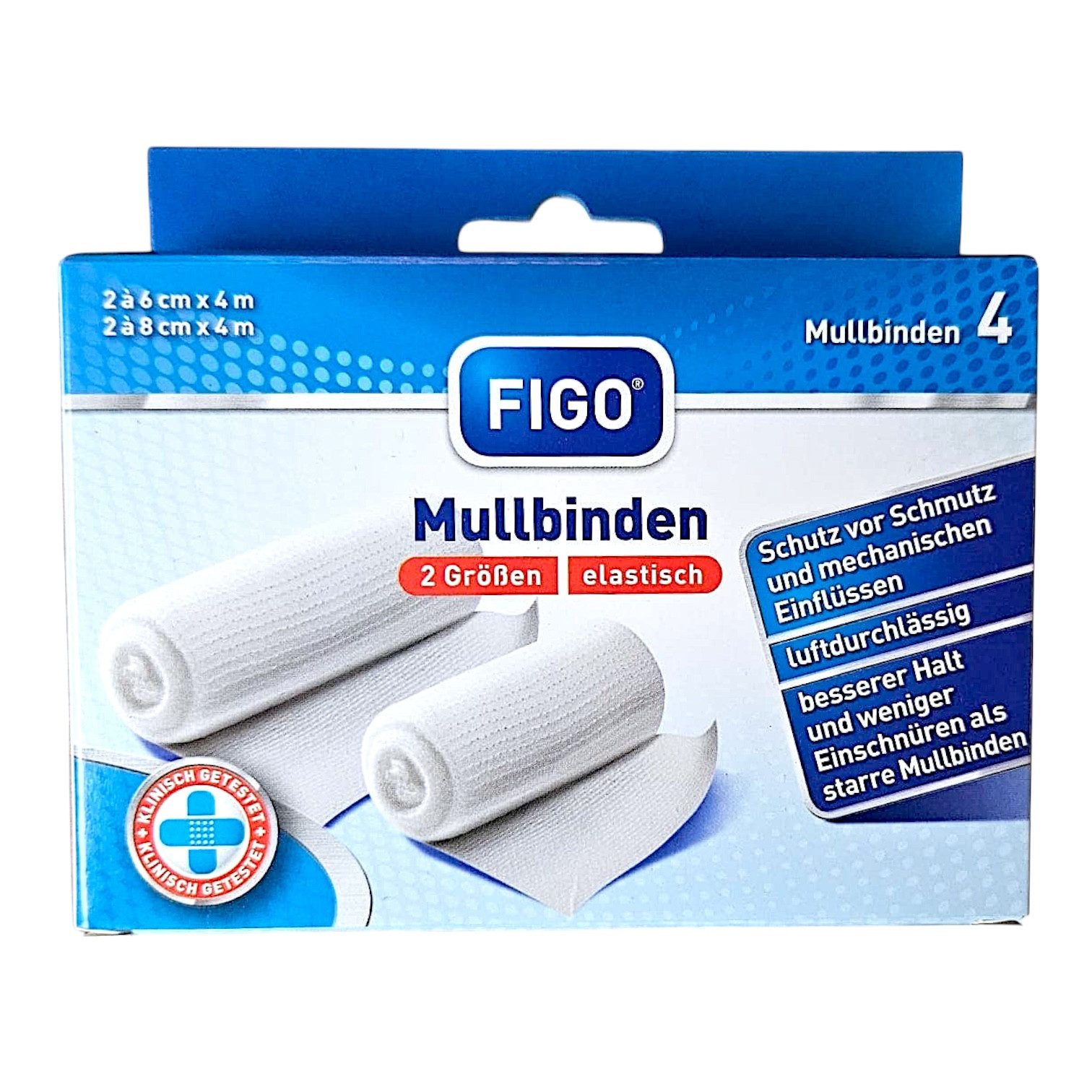 FIGO Wundpflaster Mullbinden elastisch 4 Stück 2 Größen 6x4m & 8x4m luftdurchlässig (4 St), Elastisch, atmungsaktiv & sicher fixiert