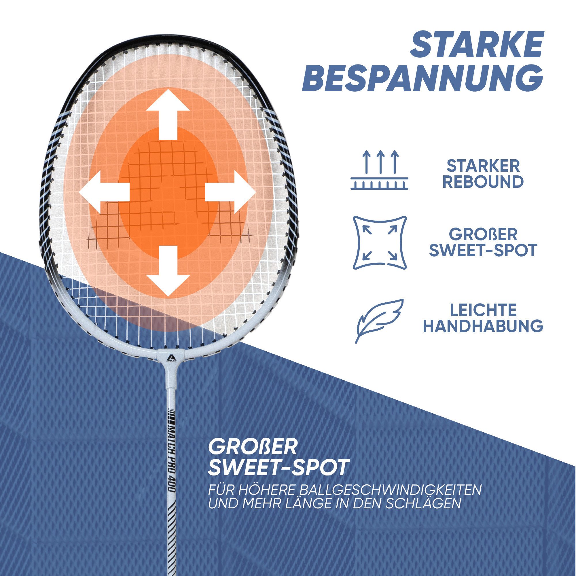 Apollo Badmintonschläger Badminton Set Match Pro 400 - 2x Badmintonschläger inkl. Bälle,Tasche, (mit Tasche, mit Bällen), Alu-Rahmen, verstärktes T-Stück, flexibler Schaft, Nylon-Bespannung