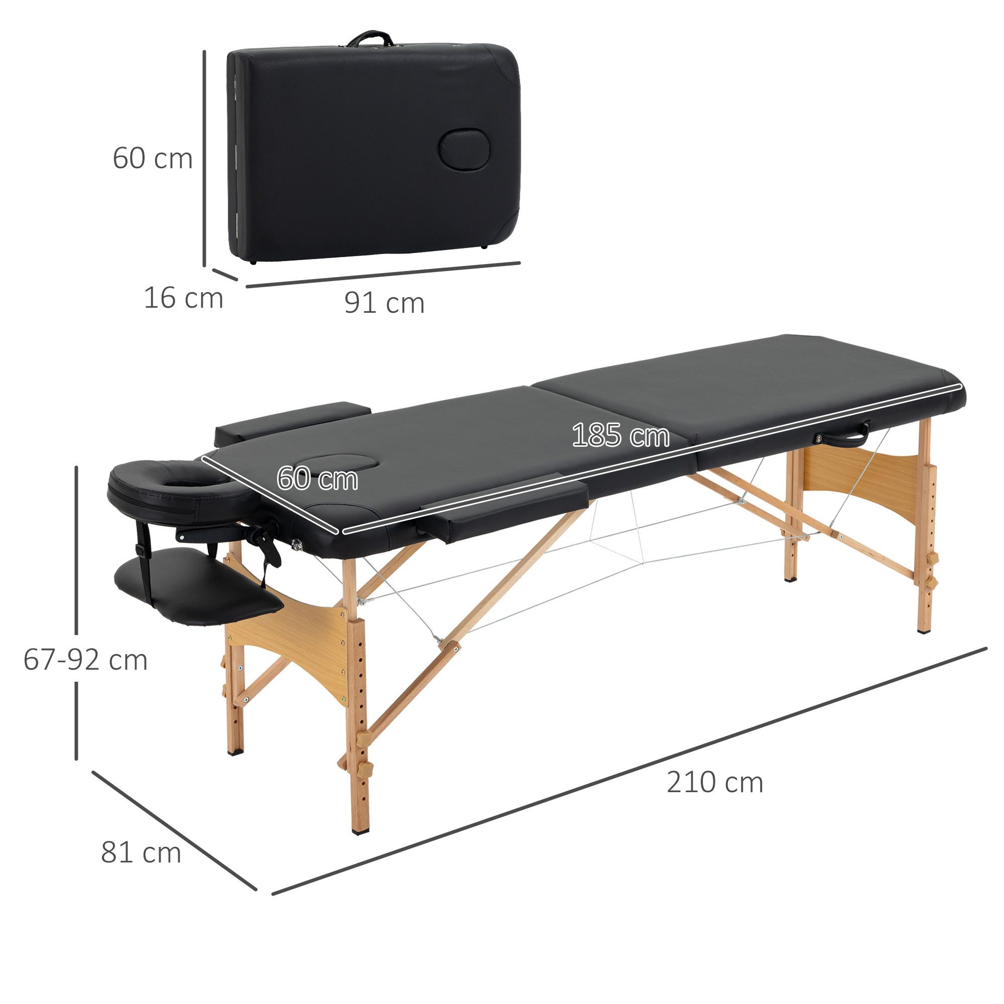 HOMCOM Massageliege klappbares Massagebett mit Kopfstütze (Massagebank, 1-St., Massagetisch), Kunstleder, Holz, Schwarz