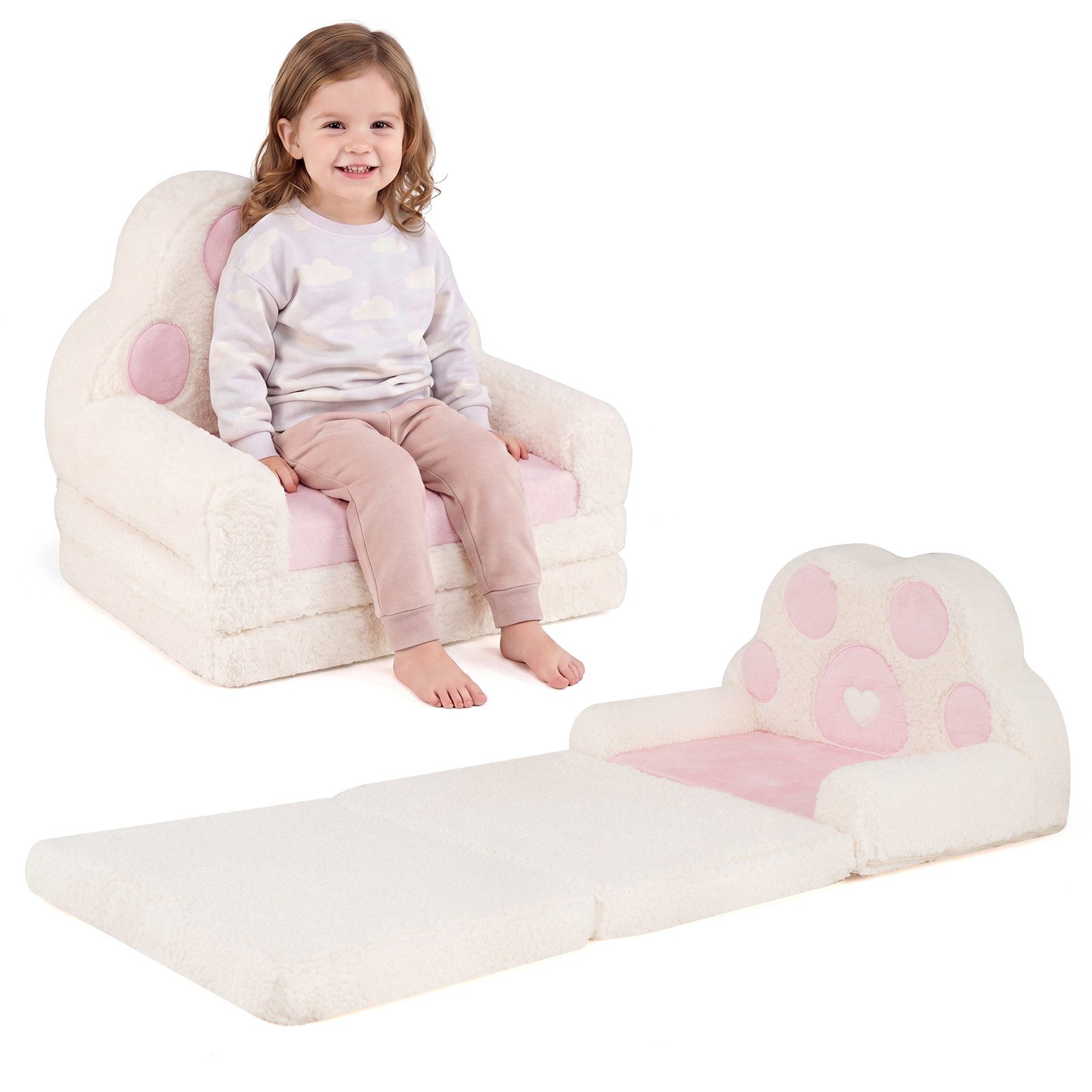 COSTWAY Kindersofa 2 in 1 Kindersessel, Ausklappbar in Bärentatzen Form, Spielsofa, Kindercouch