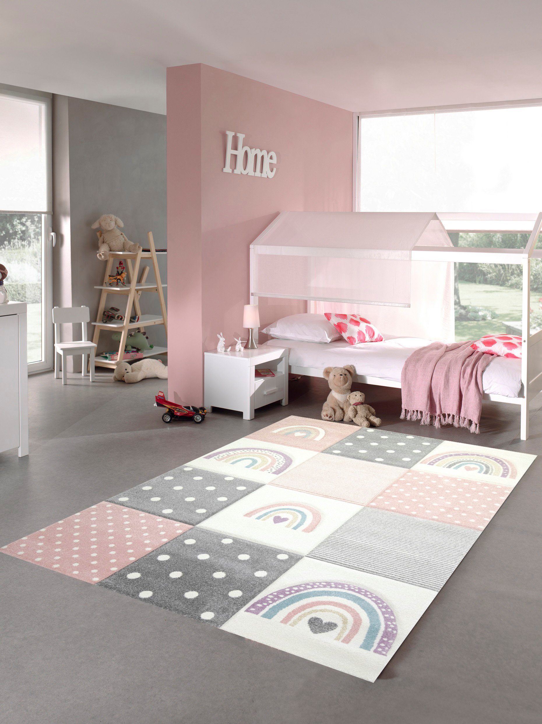 Kinderteppich Kinderzimmer Teppich Spielteppich Regenbogen Punkte Herzchen rosa grau creme, Teppich-Traum, rechteckig, Höhe: 13 mm