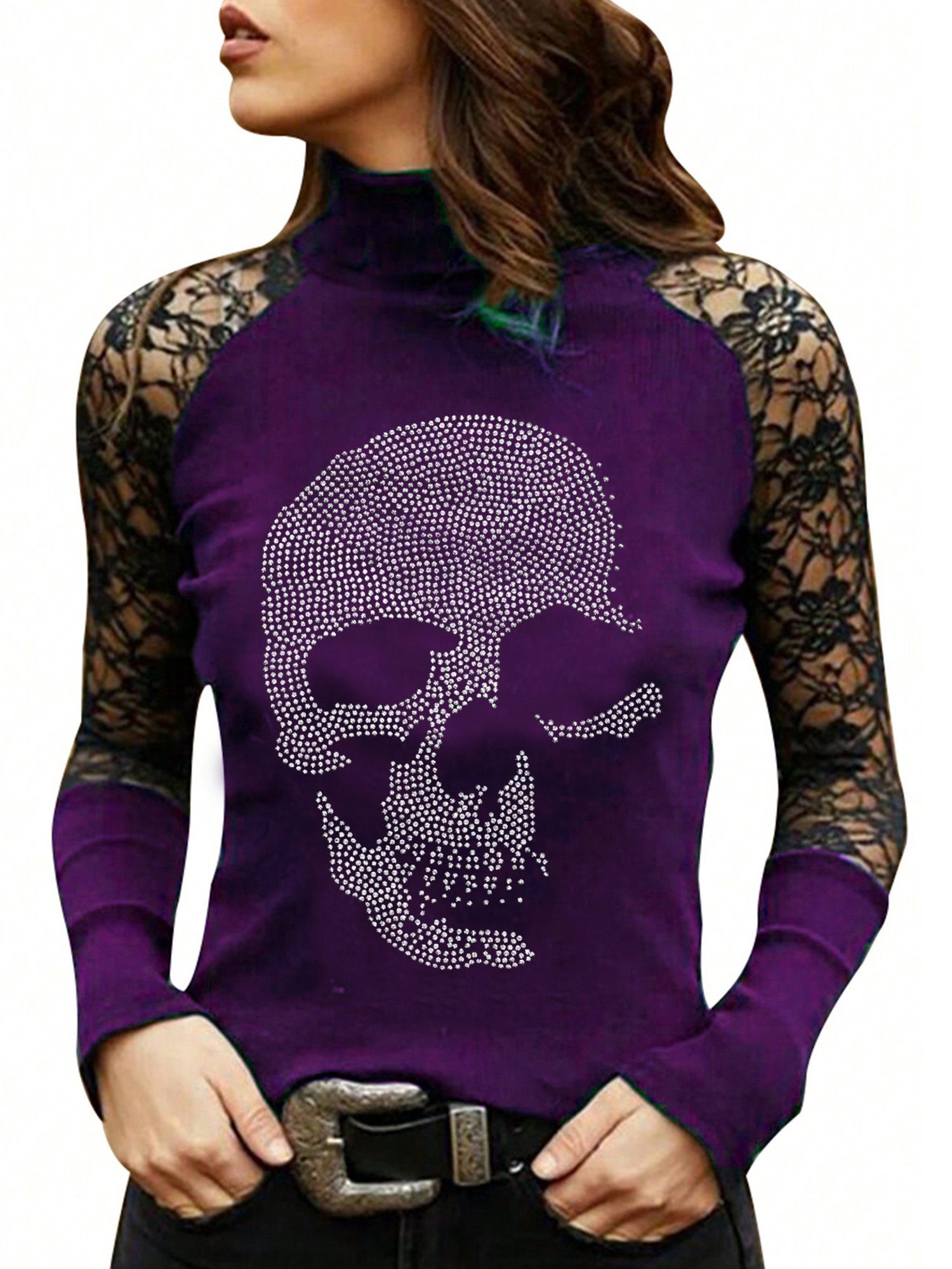 PYL Longsleeve Damen Langarm Halloween Spitzen mit Totenkopf Strass Rollkragenshirt 36-44 Größe