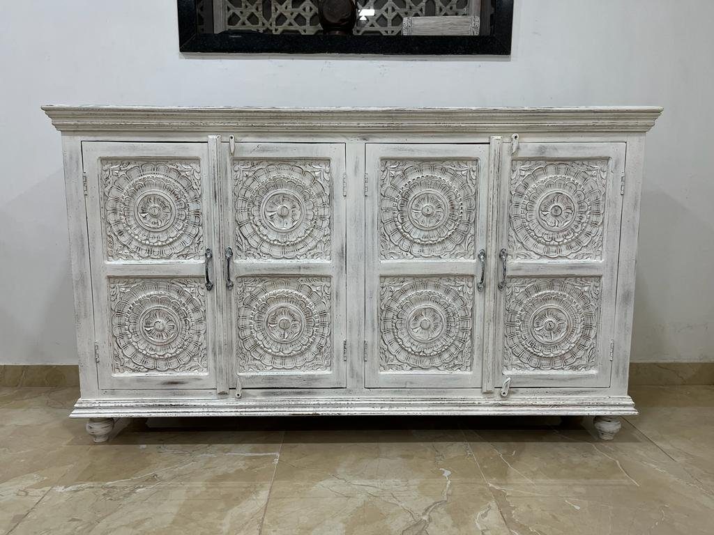 Oriental Galerie Unterschrank Weißes Handarbeit Konsole Indien Sideboard cm 180 Desna