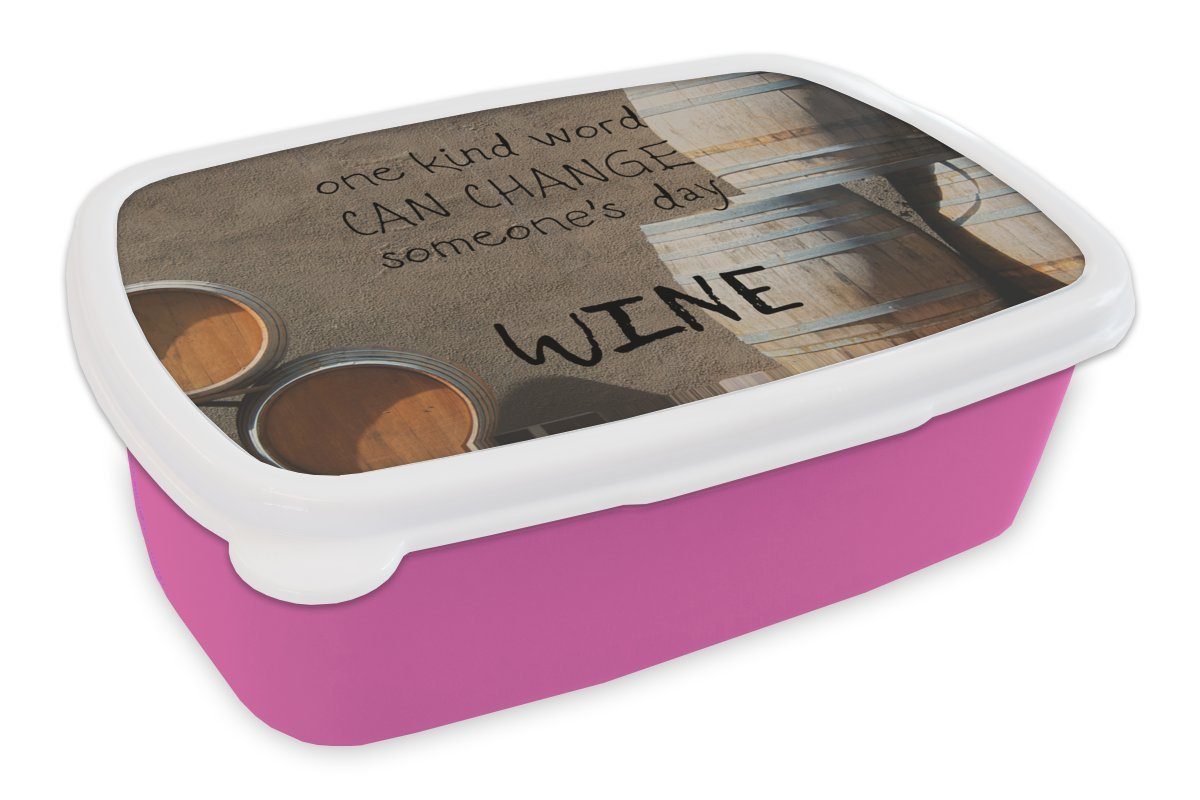 MuchoWow Lunchbox Weinzitat "Ein freundliches Wort kann den Tag von jemandem verändern, Kunststoff, (2-tlg), Brotbox für Erwachsene, Brotdose Kinder, Snackbox, Mädchen, Kunststoff rosa