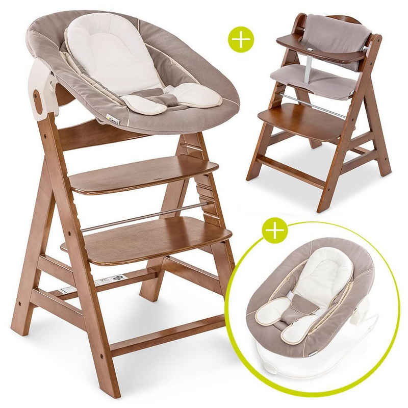 Hauck Hochstuhl Alpha Plus Walnut Newborn Set (Set, 4 St), Holz Babystuhl ab Geburt inkl. Aufsatz für Neugeborene & Sitzauflage