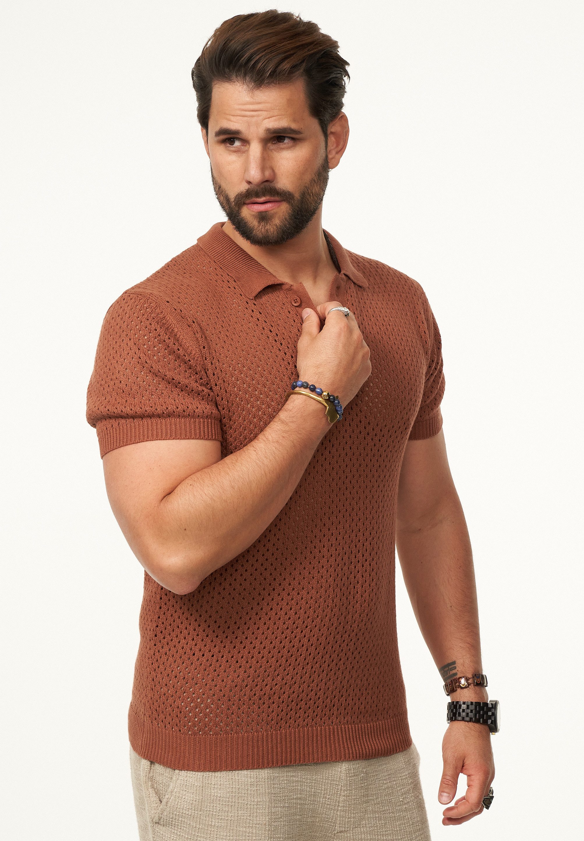 SOULSTAR Poloshirt im luftigen Crochet Summer-Stil Herren Kurzarm Strick Po günstig online kaufen