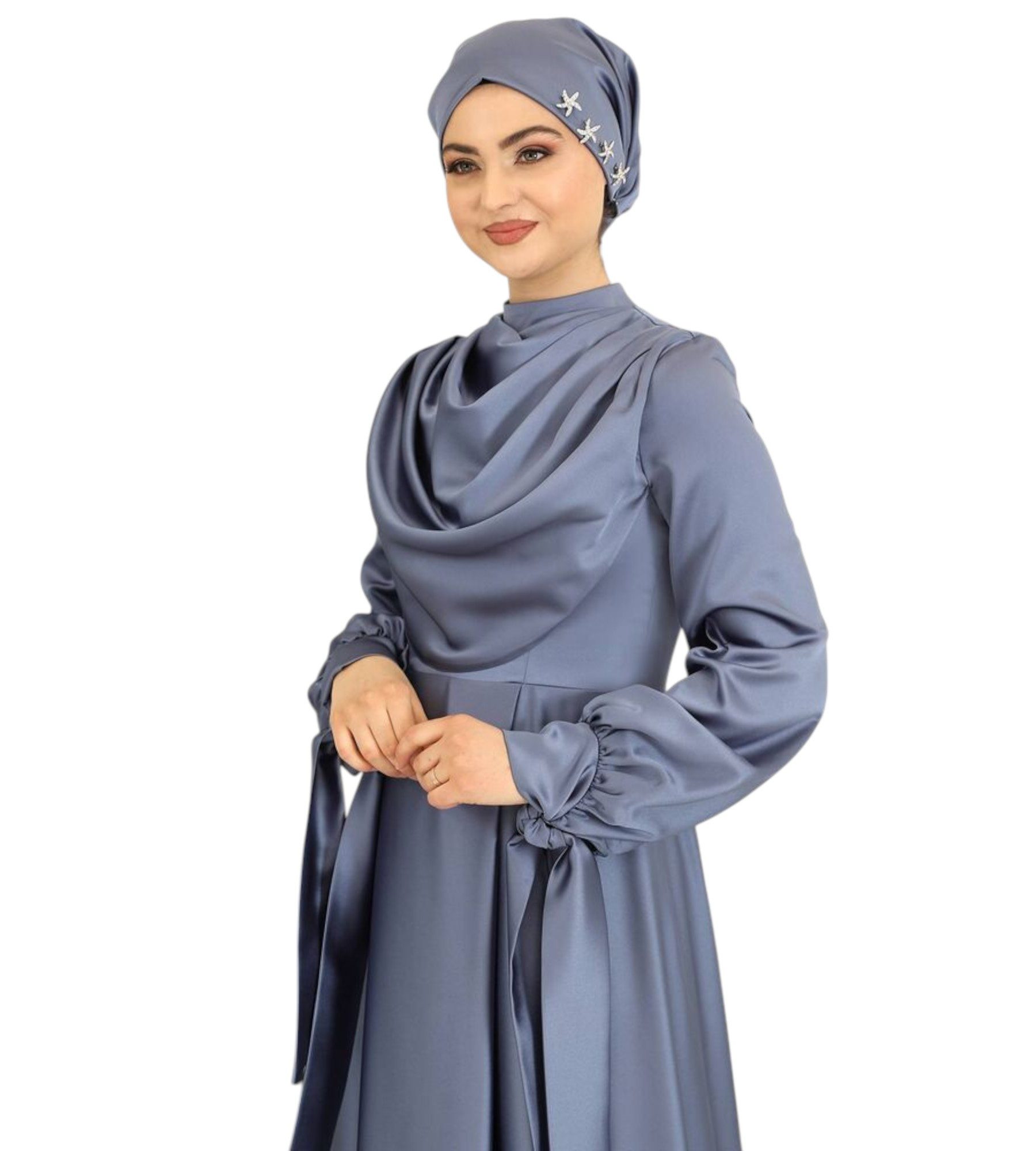 fashionshowcase Abendkleid Damen Maxikleid Satinkleid langarm Modest Fashion