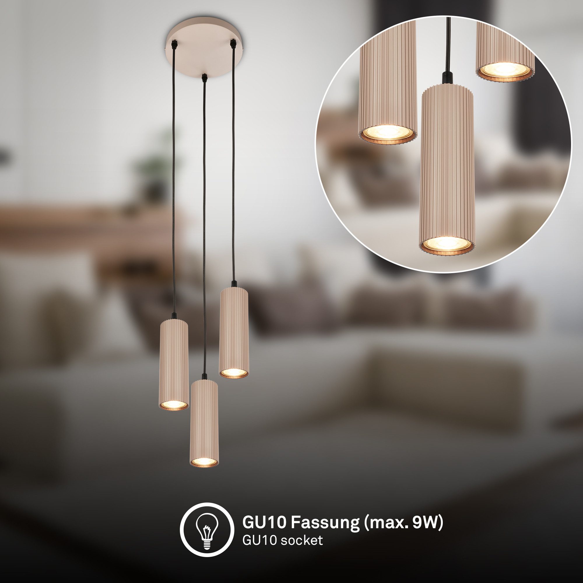 Briloner Leuchten LED Pendelleuchte Hängelampe Höhenverstellbar GU10 Riffle-Optik, 3-Flammig, ohne Leuchtmittel, Abhängig vom Leuchtmittel, 20x120 cm, Esszimmer, Esstisch, Wohnzimmer