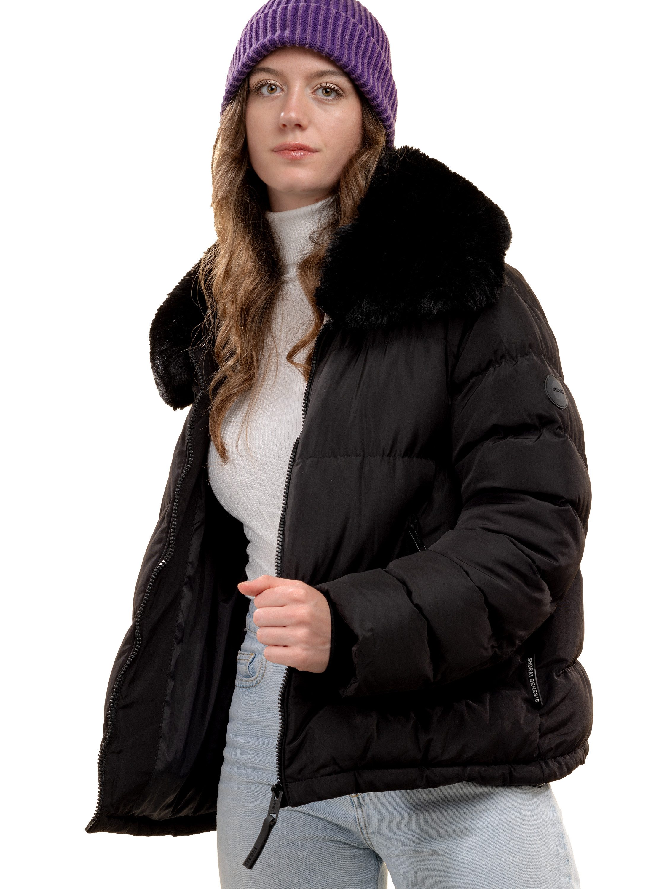 Shorai Steppjacke modische Kurzjacke mit Kunstfellkragen SH2404.537 schwarz, kurzer sportlicher Schnitt, Weitenregulierung in der Taille