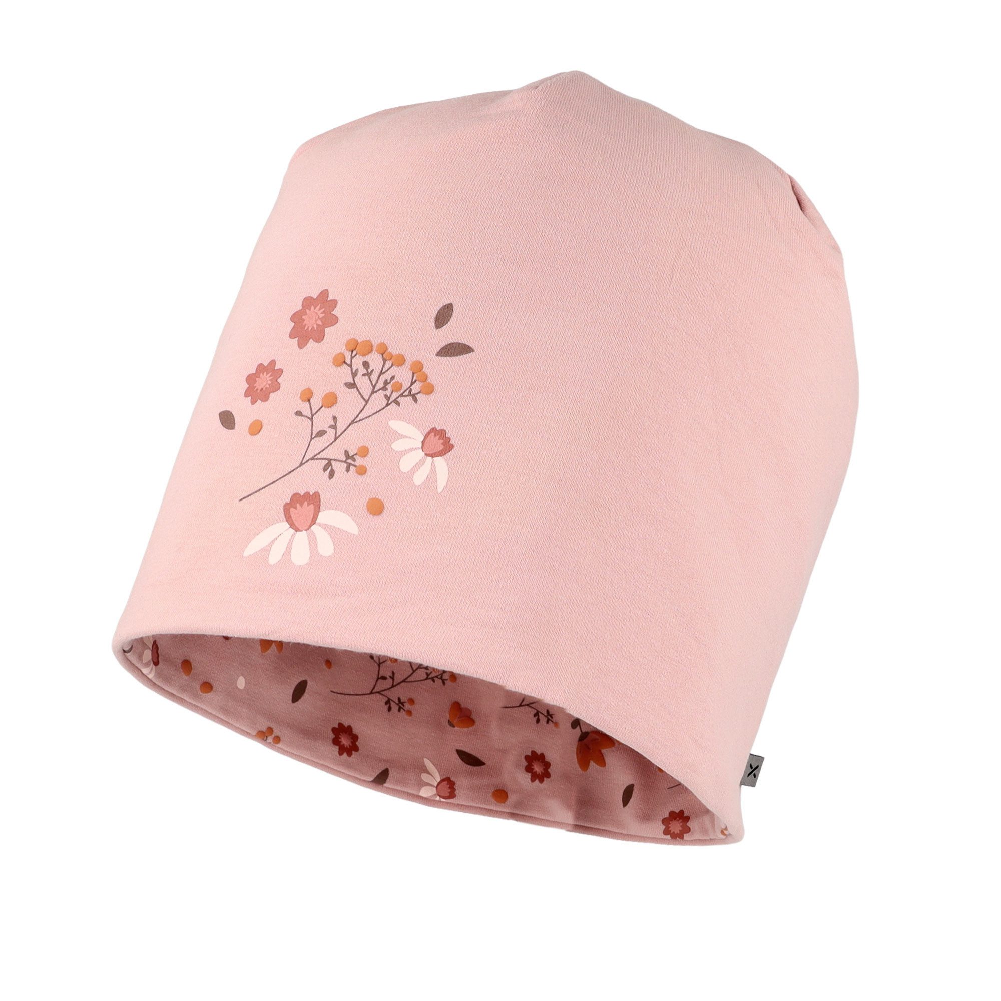MAXIMO Beanie Wendemütze, herbstlicher Blumen-Alloverprint, unifarbene Innenseite
