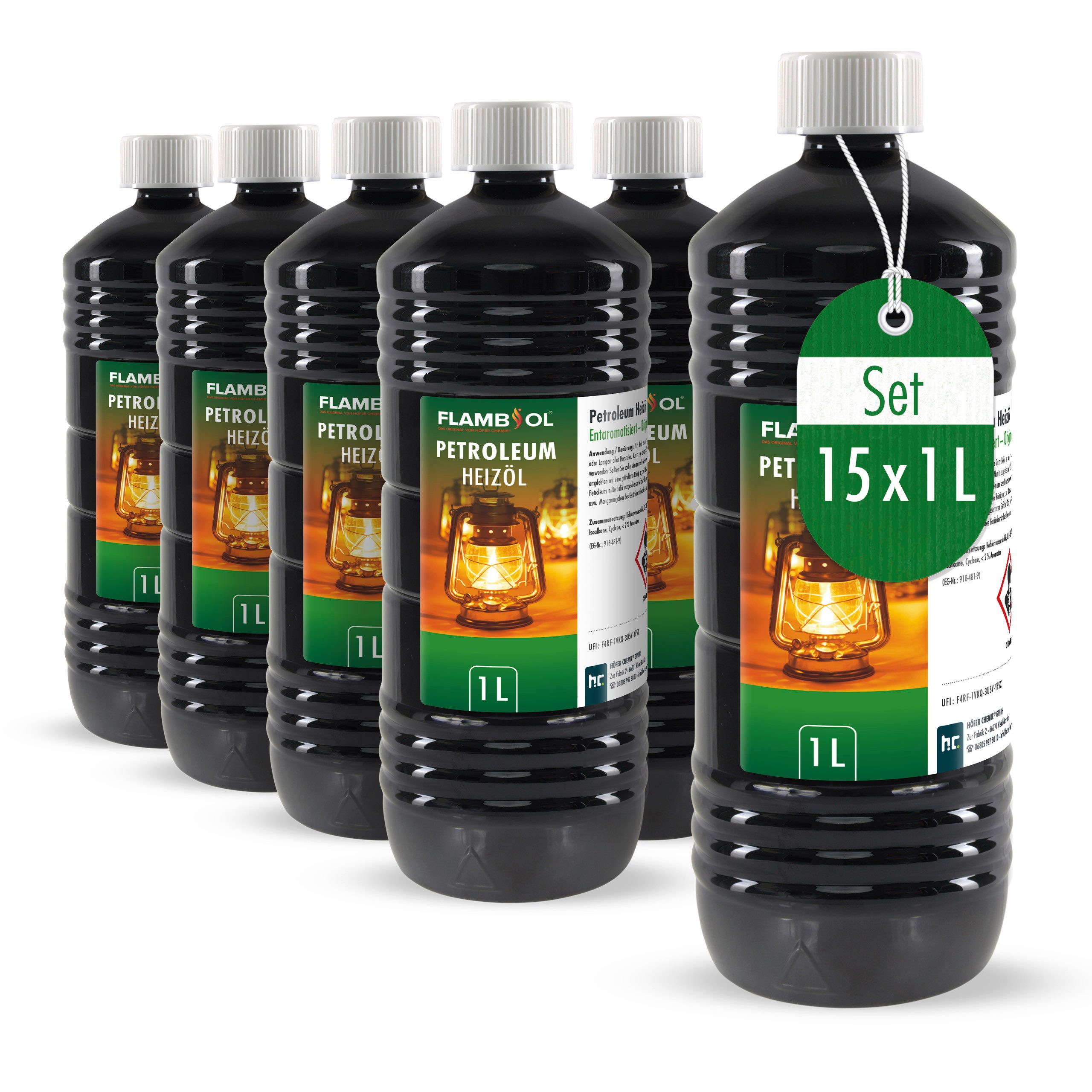 Höfer Chemie GmbH Petroleum 15x 1 L FLAMBIOL® Petroleum Heizöl in Flaschen, 15 l, (15-St), Sauberer Brennstoff für Öfen und Heizungen