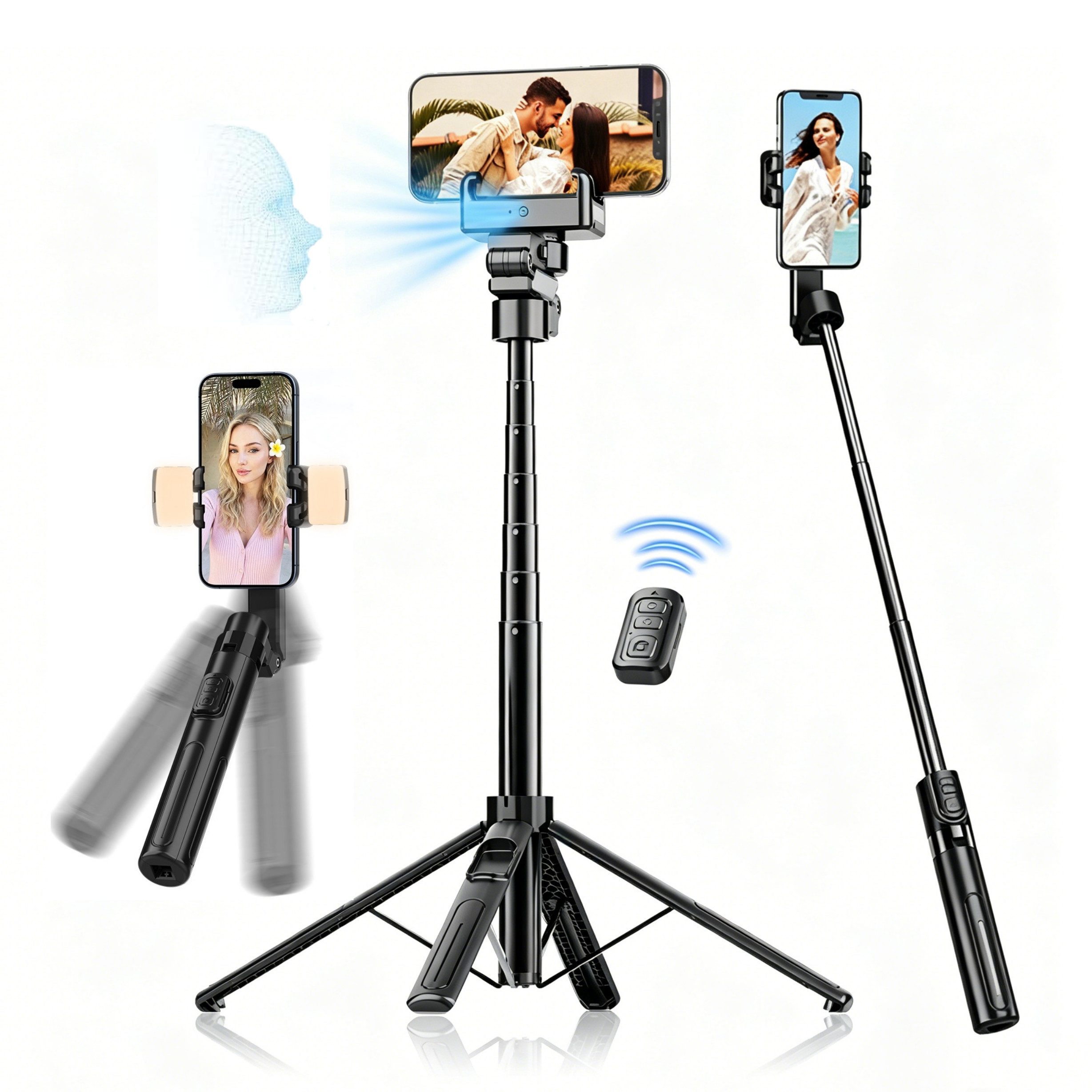 DESUO Selfie-Stick Handy Stative mit AI Tracking 360° Automatischer Gesichtsverfolgung, Mit Fernbedienung & Licht, Handyhalterung Gimbal für Vlog/Live-Stream