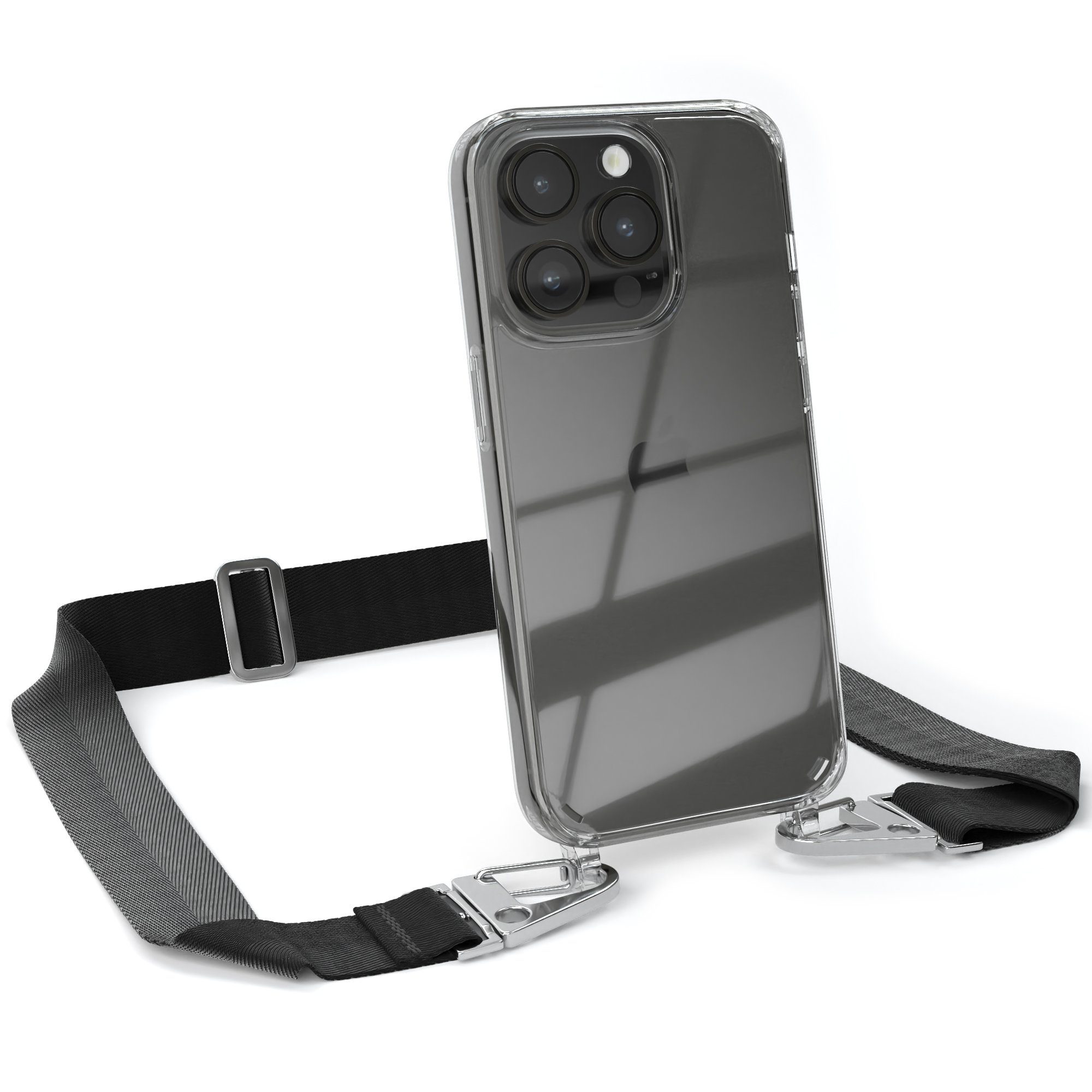 EAZY CASE Handykette Silikon Kette Karabiner für Apple iPhone 14 Pro 6,1 Zoll, Schutzhülle zum Umhängen Handyhülle mit Umhängeband Schwarz Silber