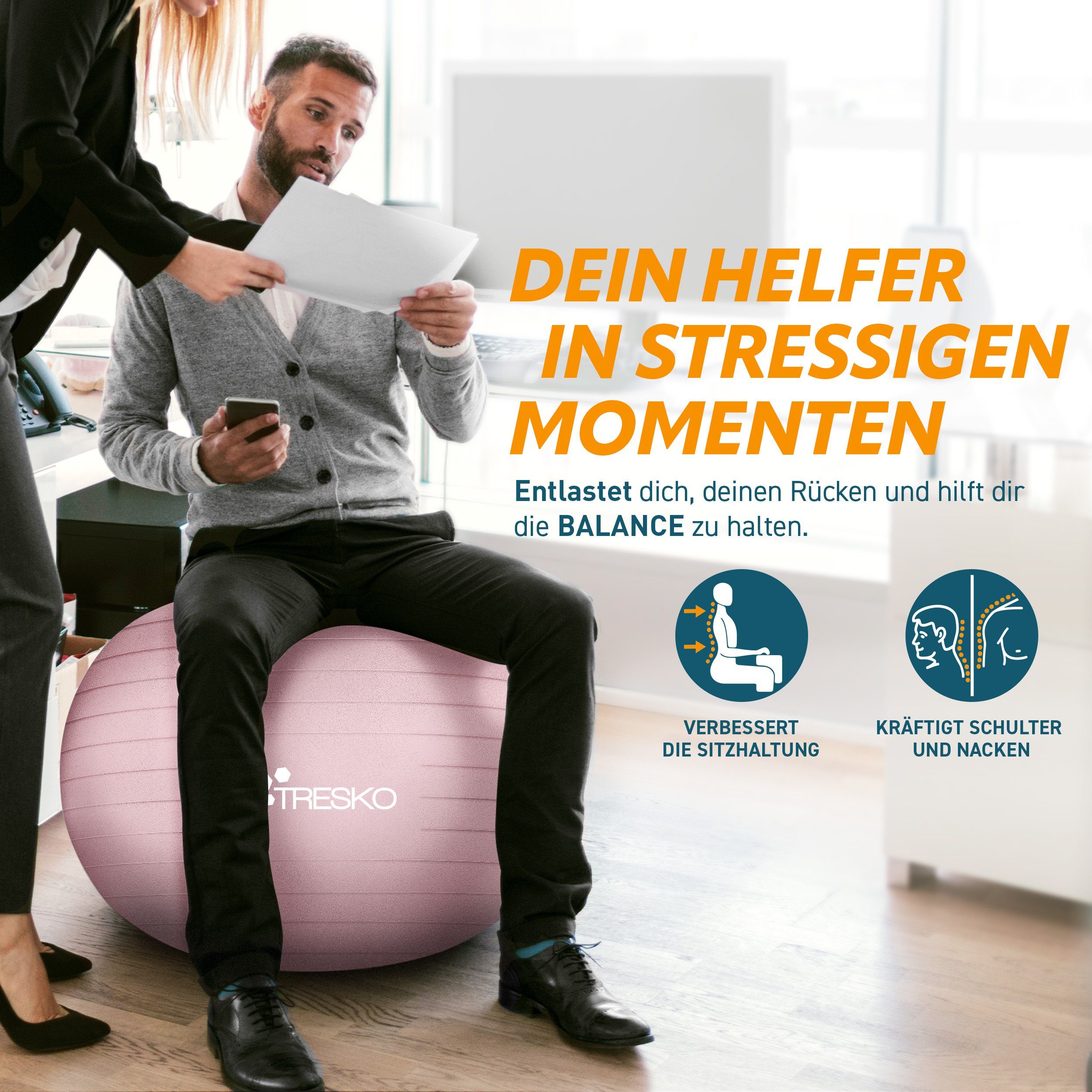 TRESKO Gymnastikball mit GRATIS Übungsposter inkl. Luftpumpe Yogaball, BPA-Frei Sitzball Büro Anti-Burst inkl. Luftpumpe, Fitnessball – Bild 3 von 5