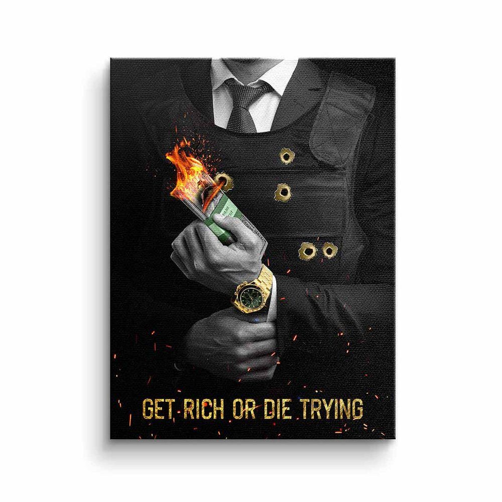 DOTCOMCANVAS® Leinwandbild, Leinwandbild Get rich or die trying Motivation  Geld Erfolg schwarz mit