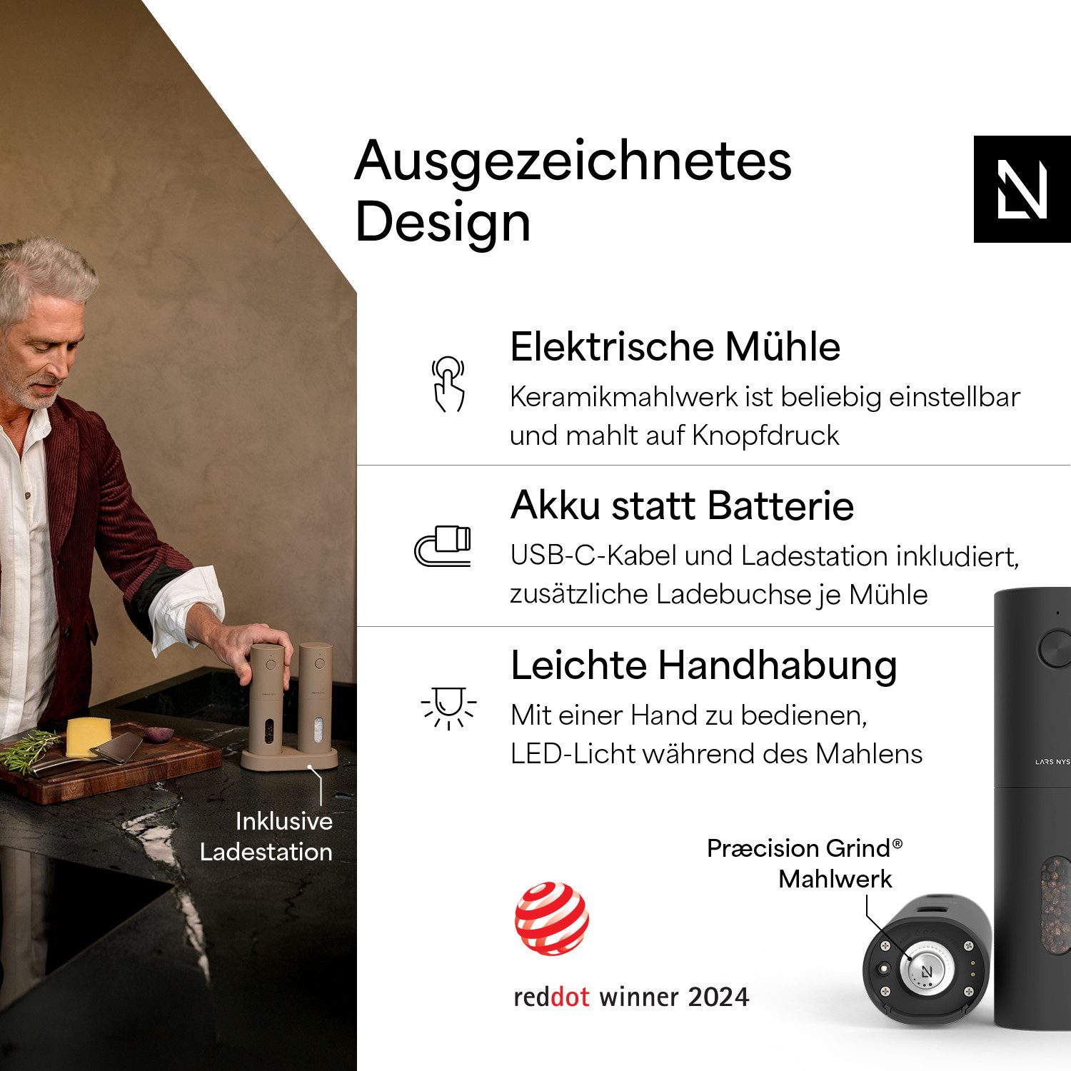 LARS NYSØM Gewürzmühle Spænding praktische Einhandbedienung per Drucktaste, (2 Stück), elektrische Salz- & Pfeffermühle mit eingebautem LED-Licht