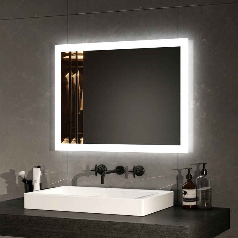 EMKE Зеркало для ванной комнаты LED Зеркало для ванной комнаты mit Beleuchtung Текстиль для ваннойspiegel Wandspiegel, mit Beschlagfrei, 2 Lichtfarbe Warmweiß/Kaltweiß