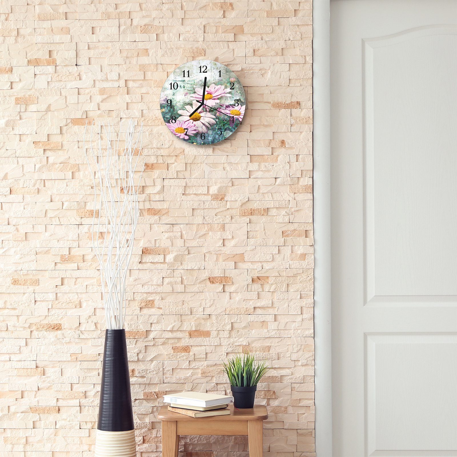 Primedeco Wanduhr Wanduhr aus Glas Quarzuhrwerk mit Rund - und mit Frühlingsblüten Motiv 30 Durchmesser cm