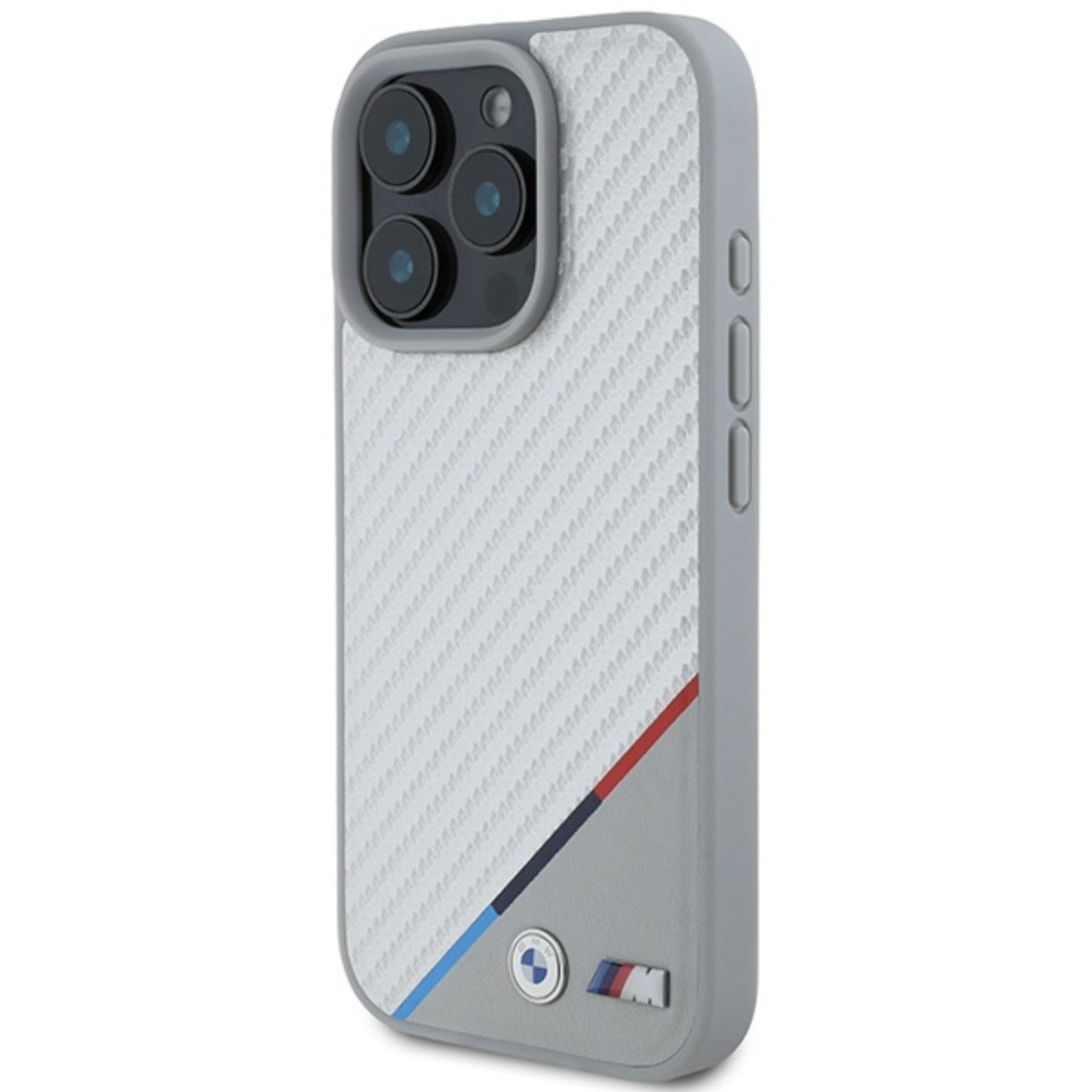 BMW Handyhülle Carbon Tricolor mit Magnetfunktion Kompatibel mit iPhone 16 Pro Grau 6,3, Carbonhülle mit Tricolor Linie integrierter Magnetfunktion Rahmen