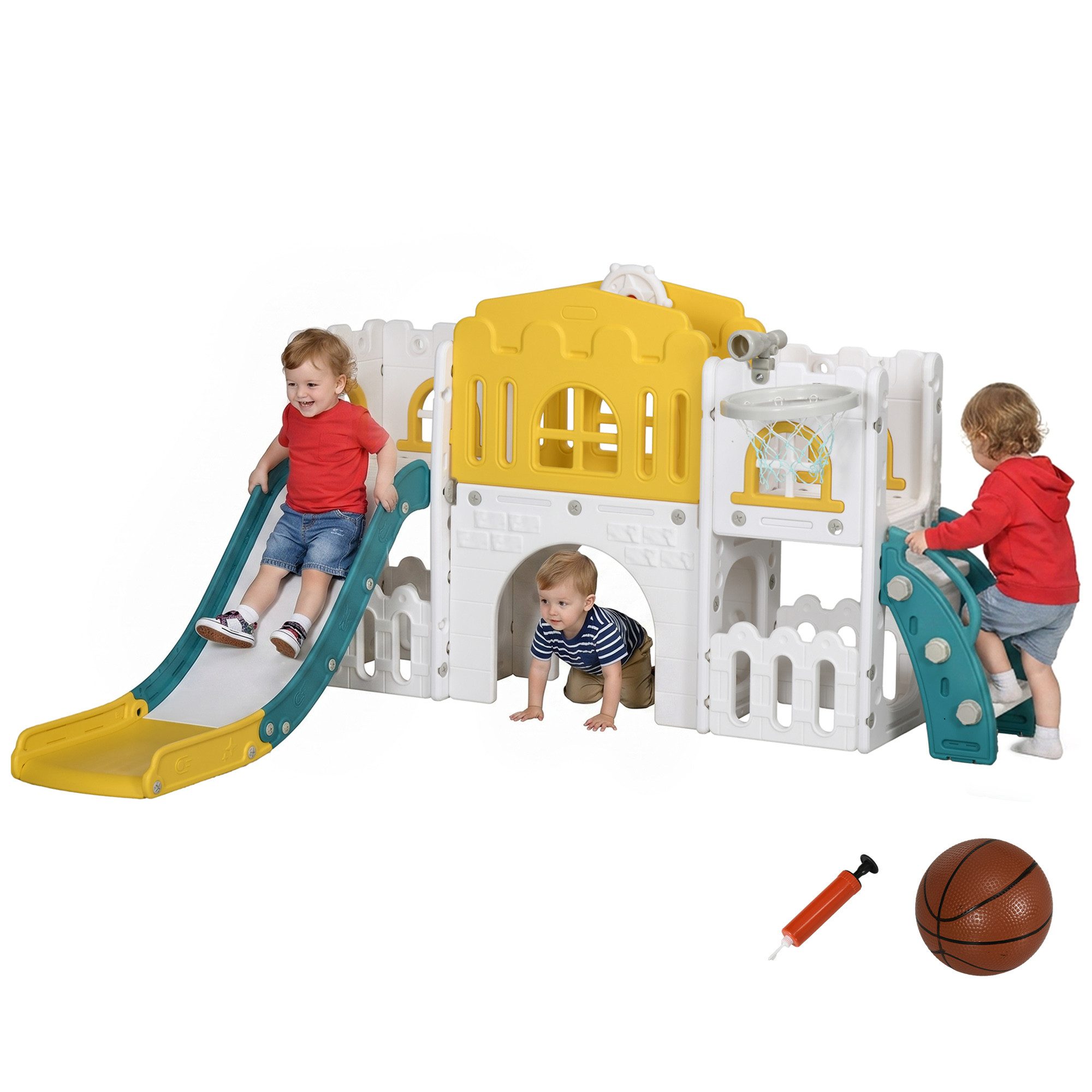FELIXLEO Anbaurutsche Kinderrutsche 7 in 1 Spielgerüst mit Basketball & Lenkrad für 1 3, (1-tlg)