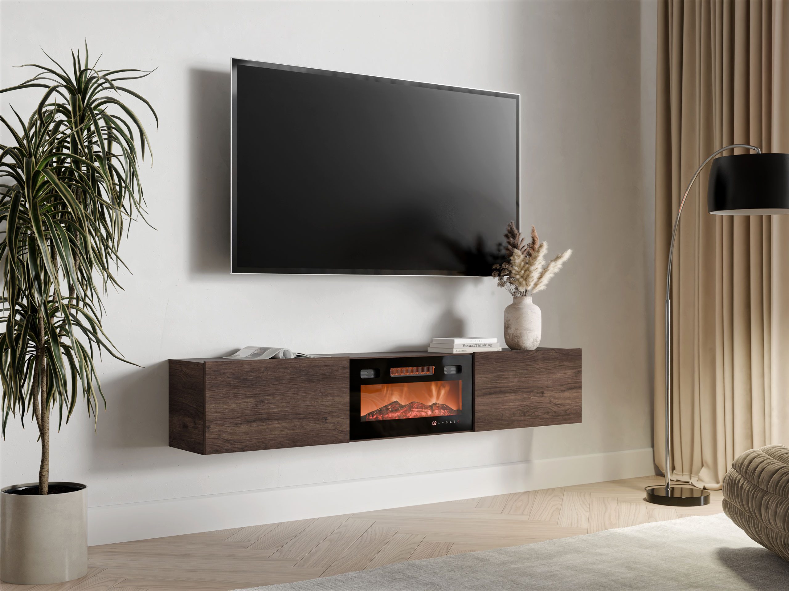 MIRJAN24 TV-Schrank Govi 180 EF mit Kamin (mit zwei Klappen) Realistische LED-Flamme, Heizfunktion, 180x32x33 cm