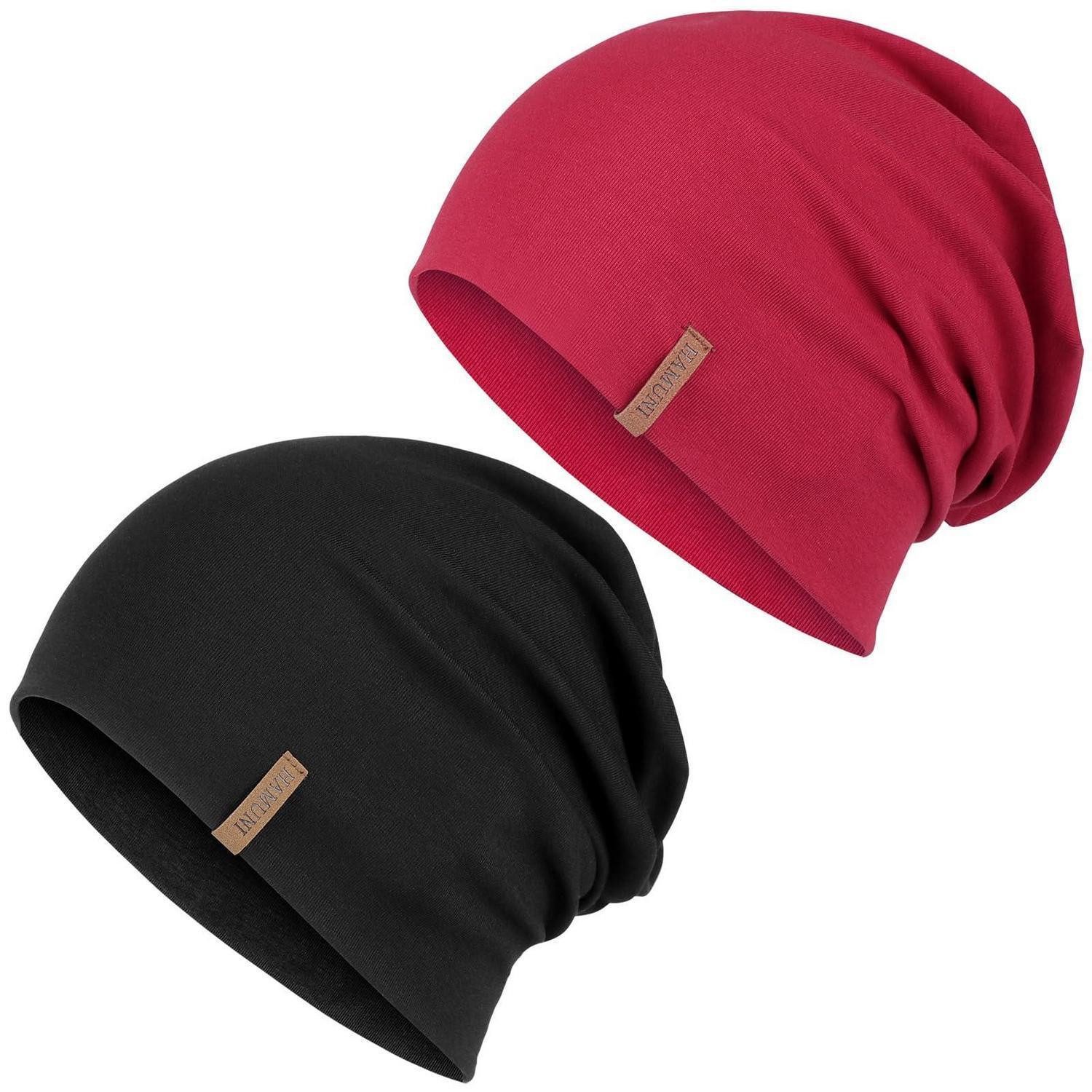 Beanie Mütze Damen Herren Slouch Beanie Baumwolle Einheitsgröße Schwarz+Rot