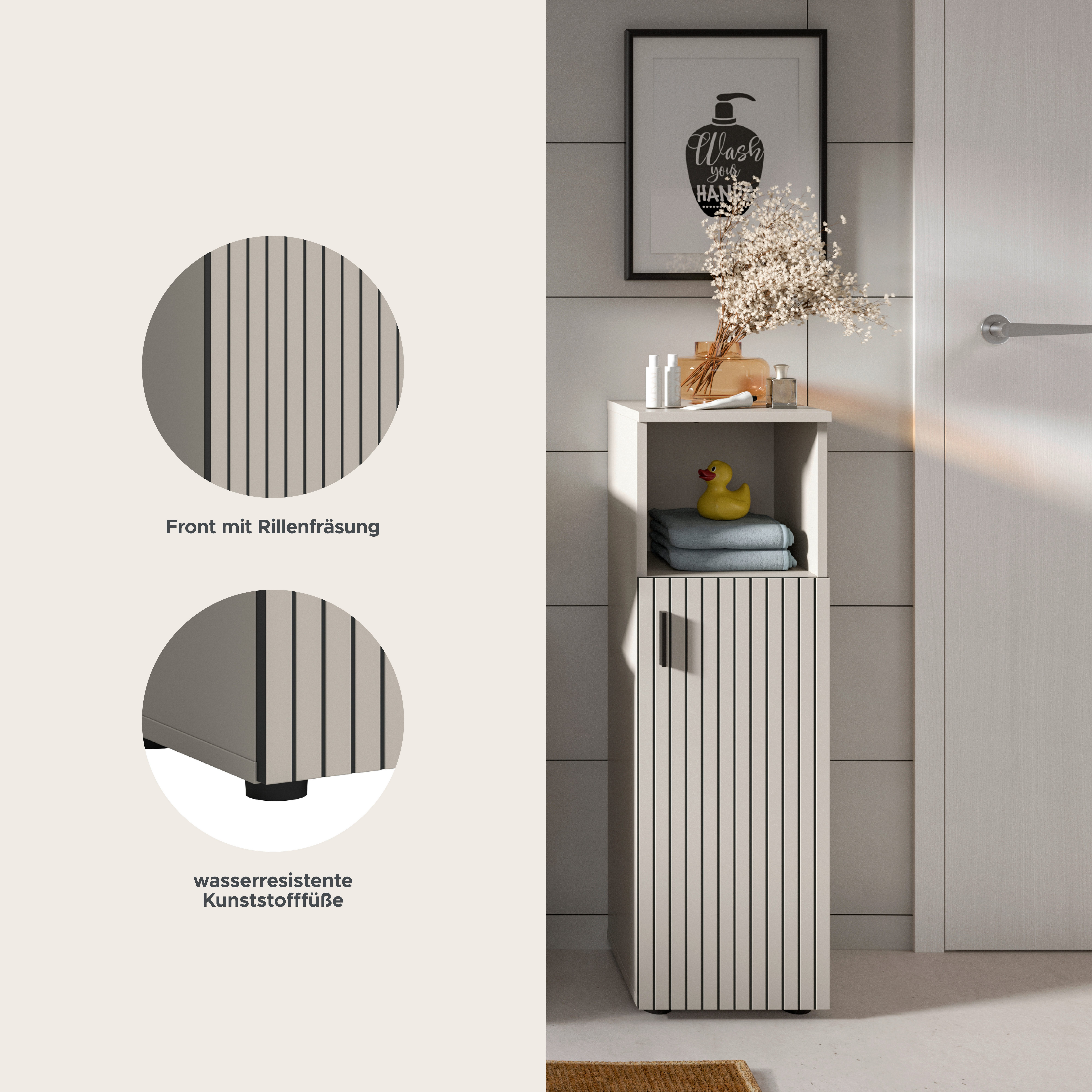 welltime Stauraumschrank MANI, Höhe: 95 cm, Paneeloptik, 1 offenes Fach, 1 Tür (1-St) Badezimmerschrank, Badschrank, Bad, Badezimmer