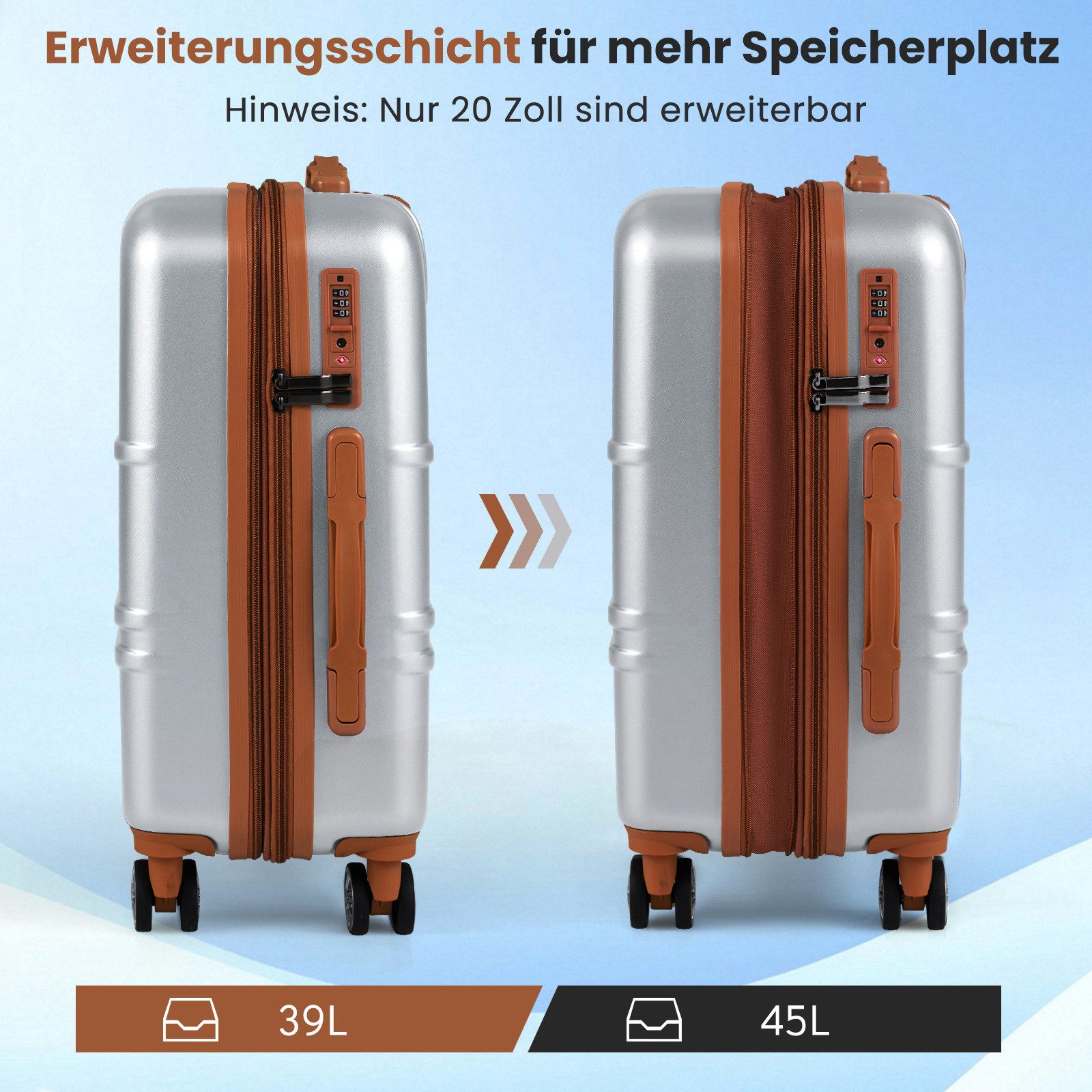 COSTWAY Hartschalen-Trolley, 4 Rollen, 3-teiliges Kofferset mit TSA-Schloss