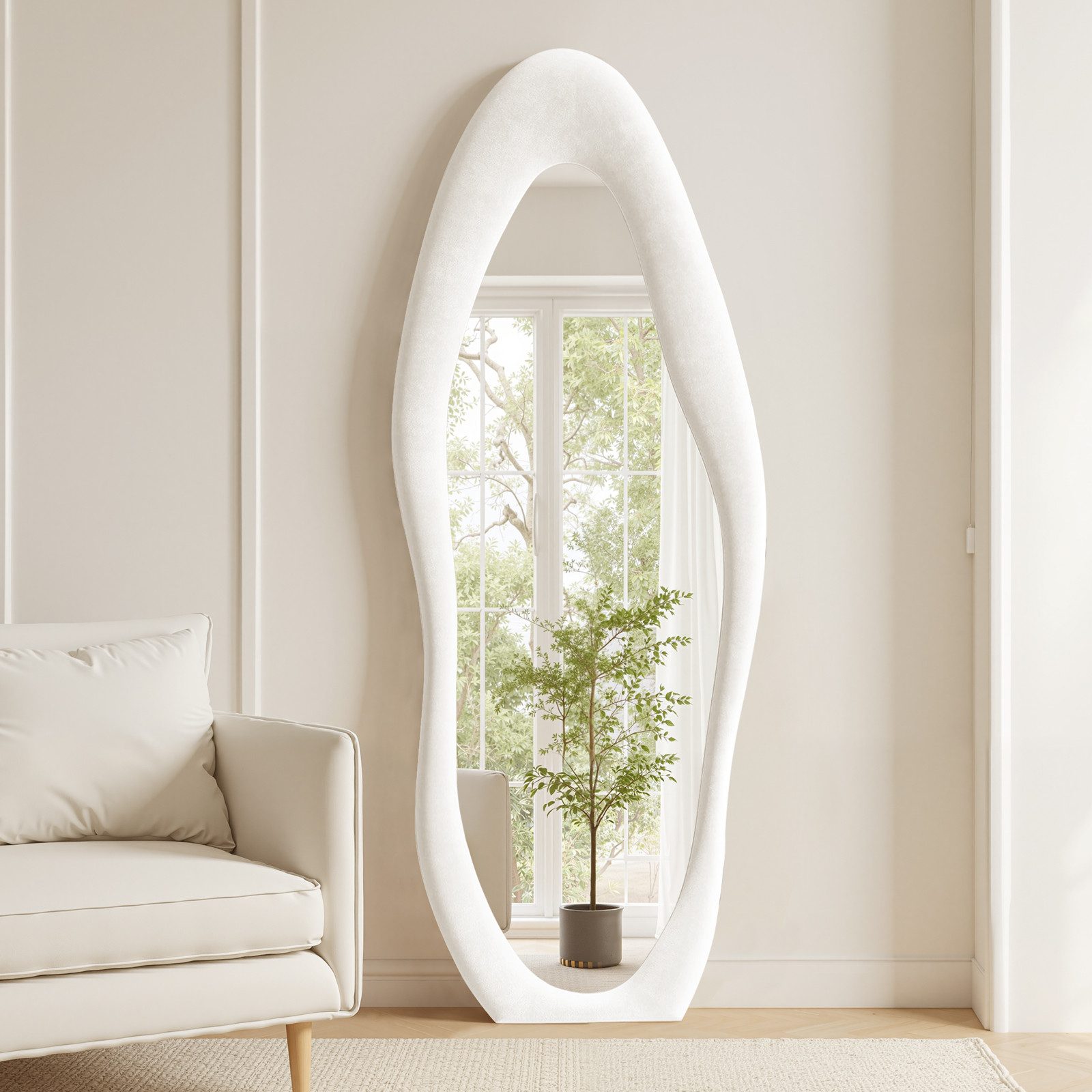 LUNAMIRROR Ganzkörperspiegel in organische Form, mit Samtbezug und Holzrahmen (1-St), stehend & hängend, 160x60 cm