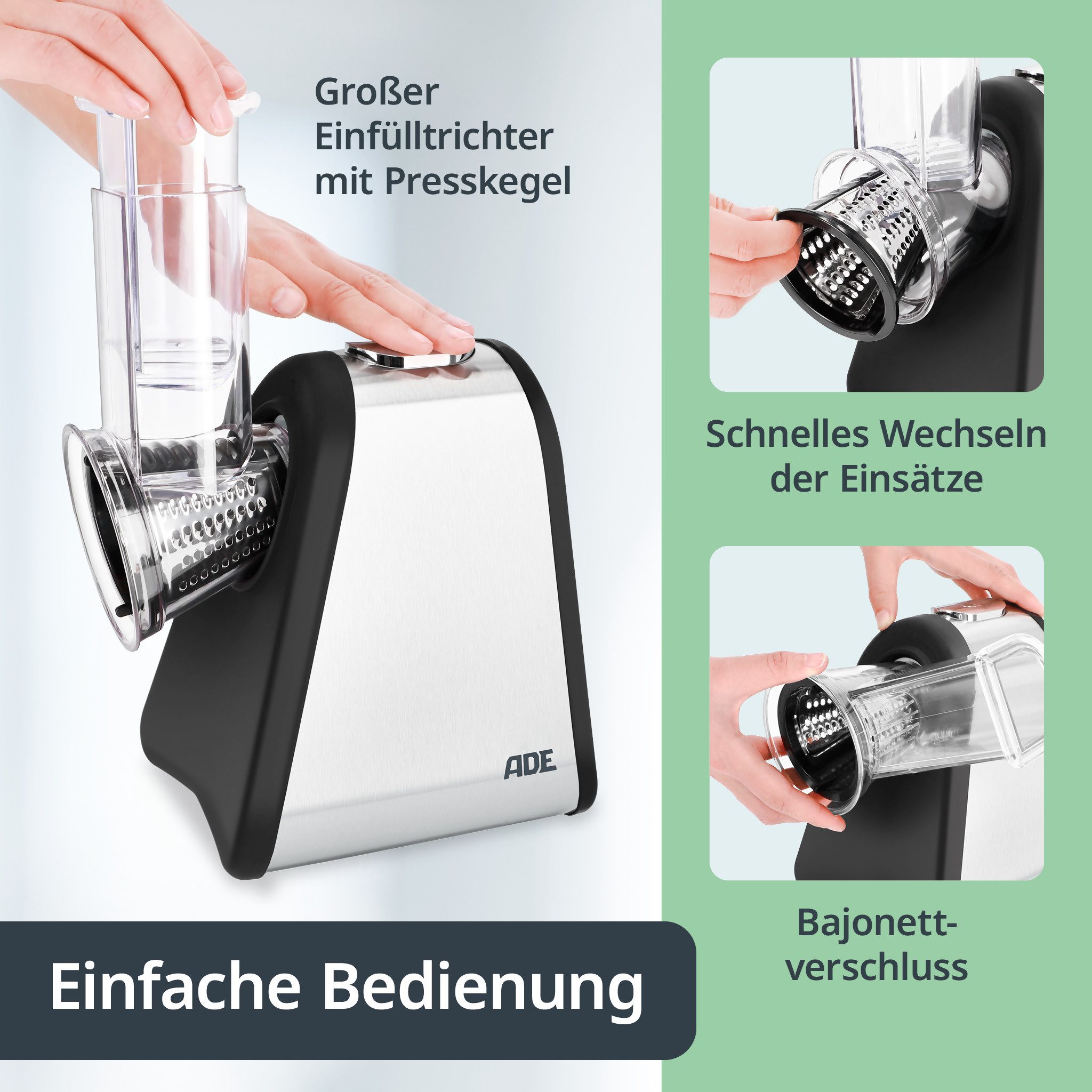 ADE Küchenreibe Gemüseschneider elektrisch, müheloses Schneiden mit 4 Wechselaufsätzen, Edelstahl, Gemüsehobel & Zerkleinerer für Gemüse, Obst & Nüsse, scharfe Klingen