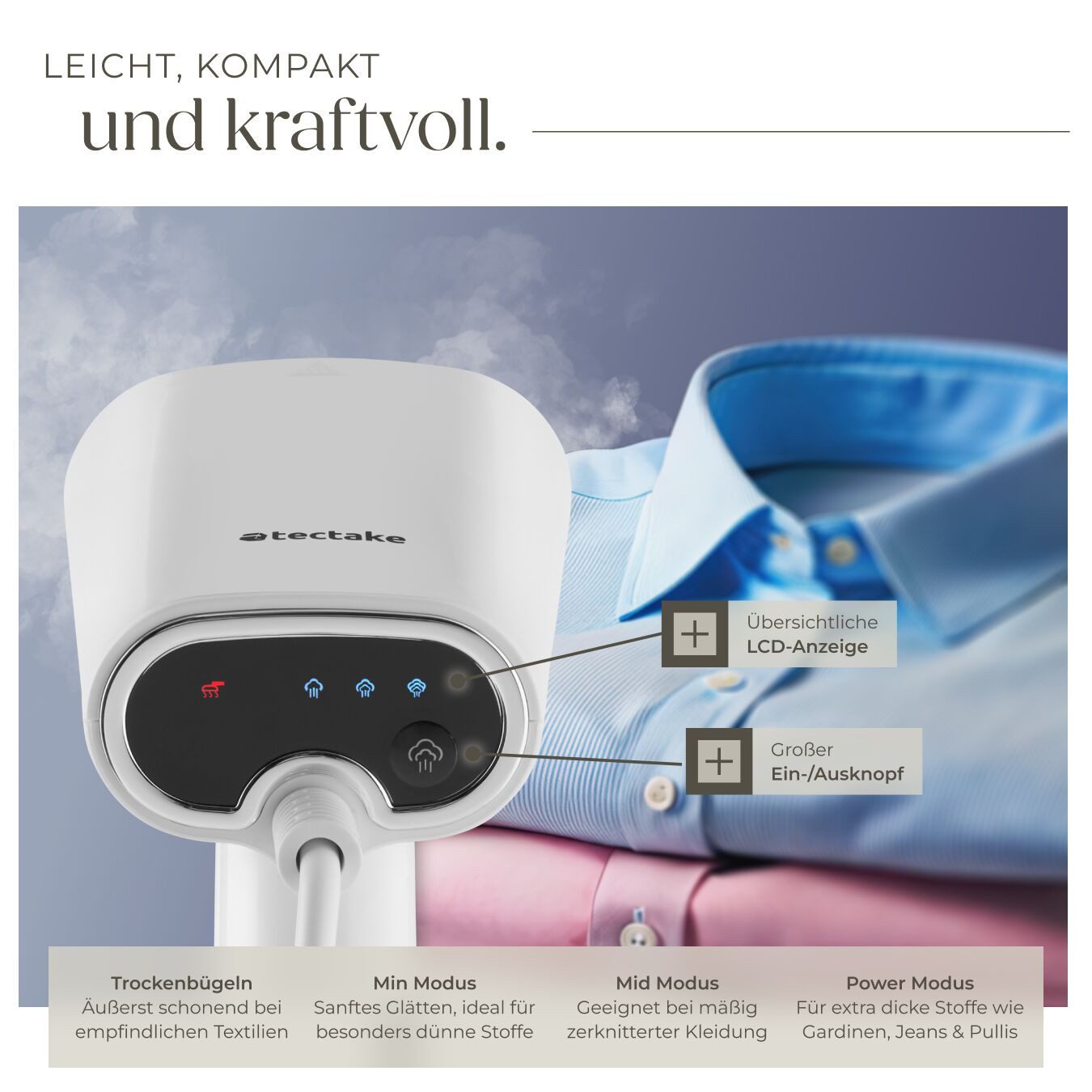 tectake Dampfbürste Dampfglätter, 1640 W, 3 Dampfmodi und Trockenbügelfunktion