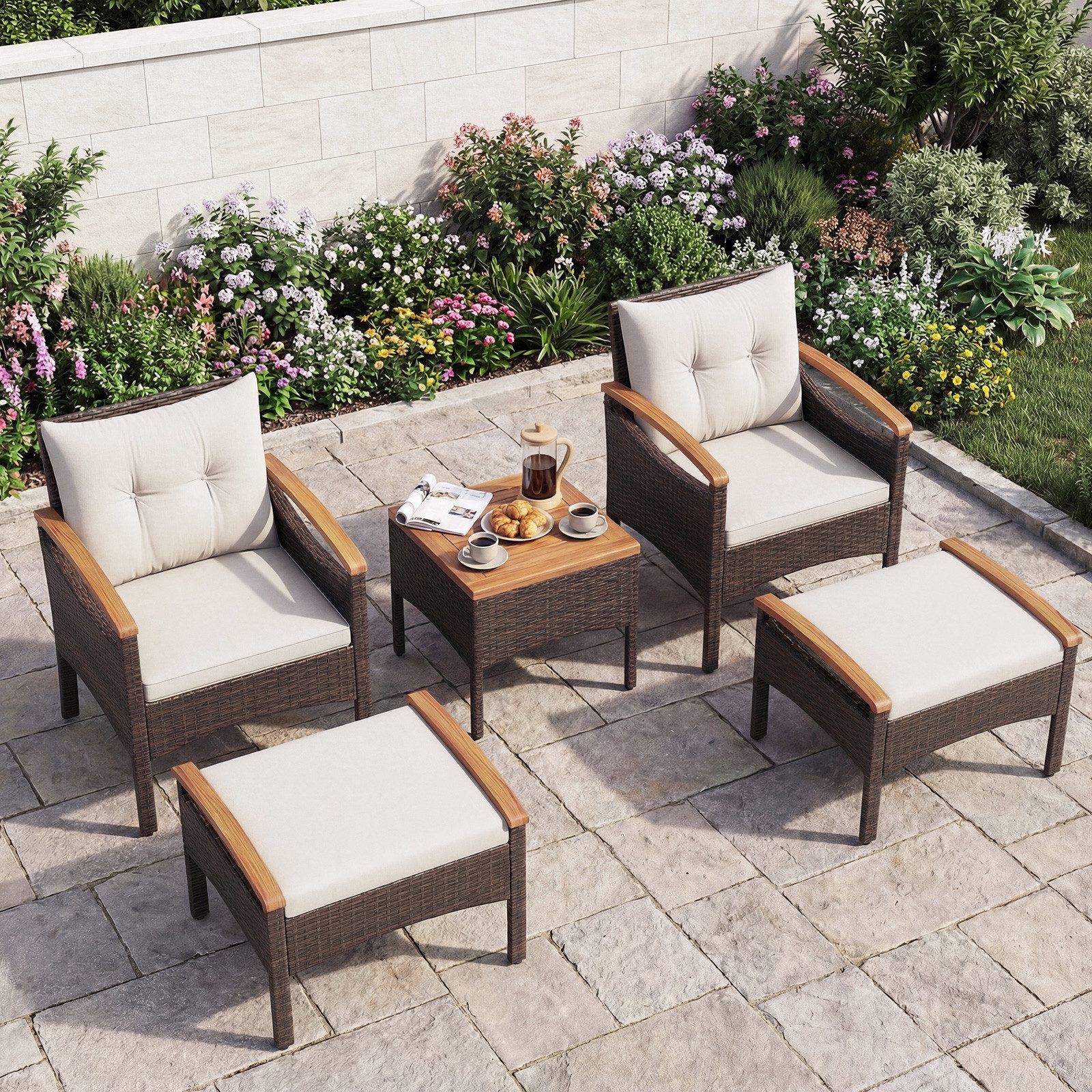 COSTWAY Balkonset Rattan, (5tlg), Akazienholzplatte, mit Kissen, bis 180kg